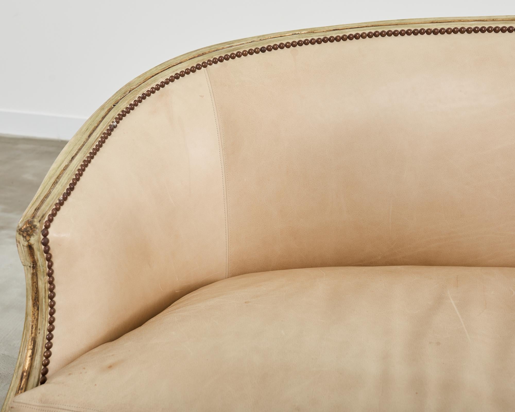 Brass Neoclassical Gustavian Style Leather Cabriole Sofa Canape