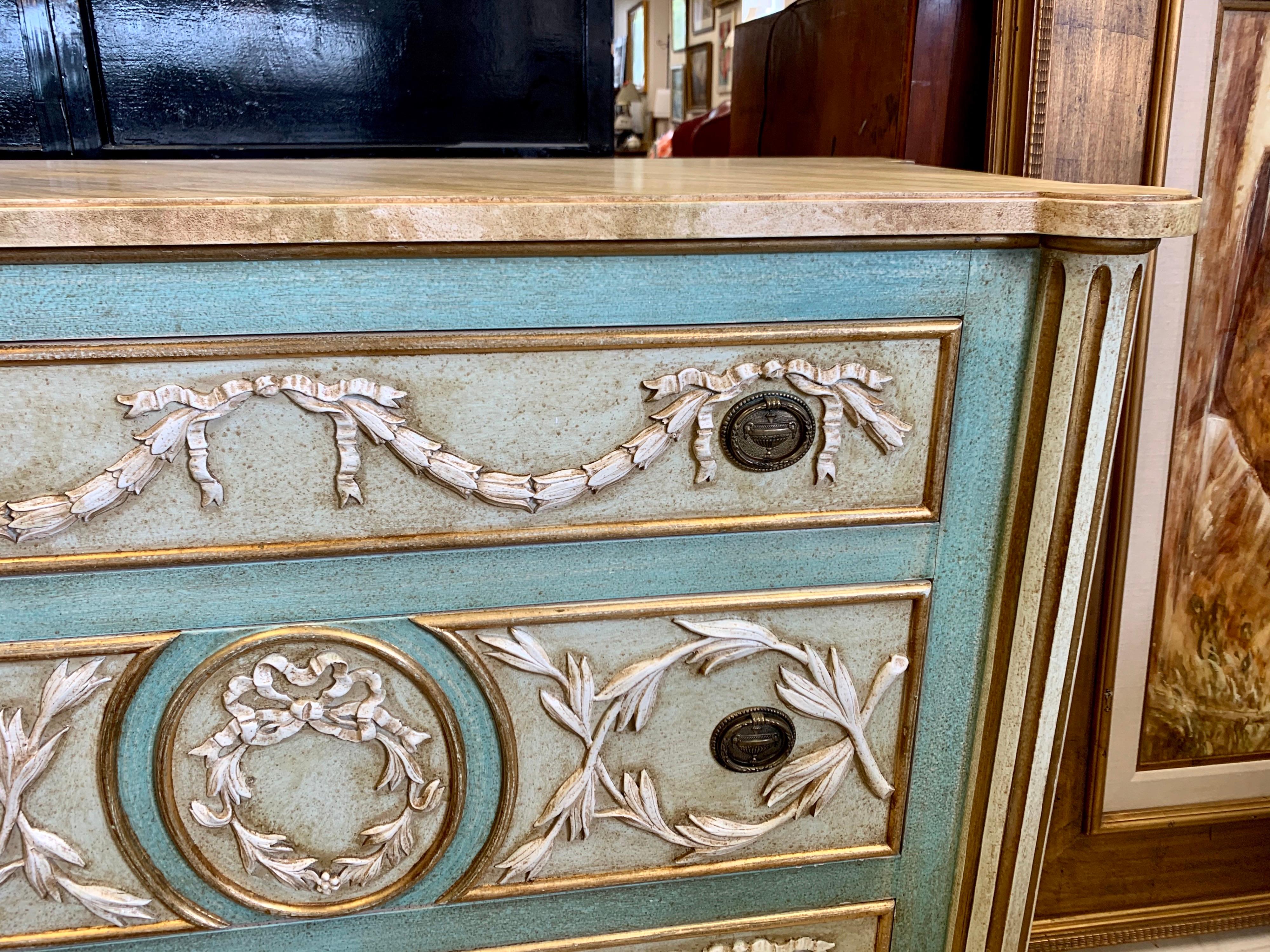 Neoclassical Hand Painted Chest of Drawers Commode Dresser Seafoam Green & Gold 3