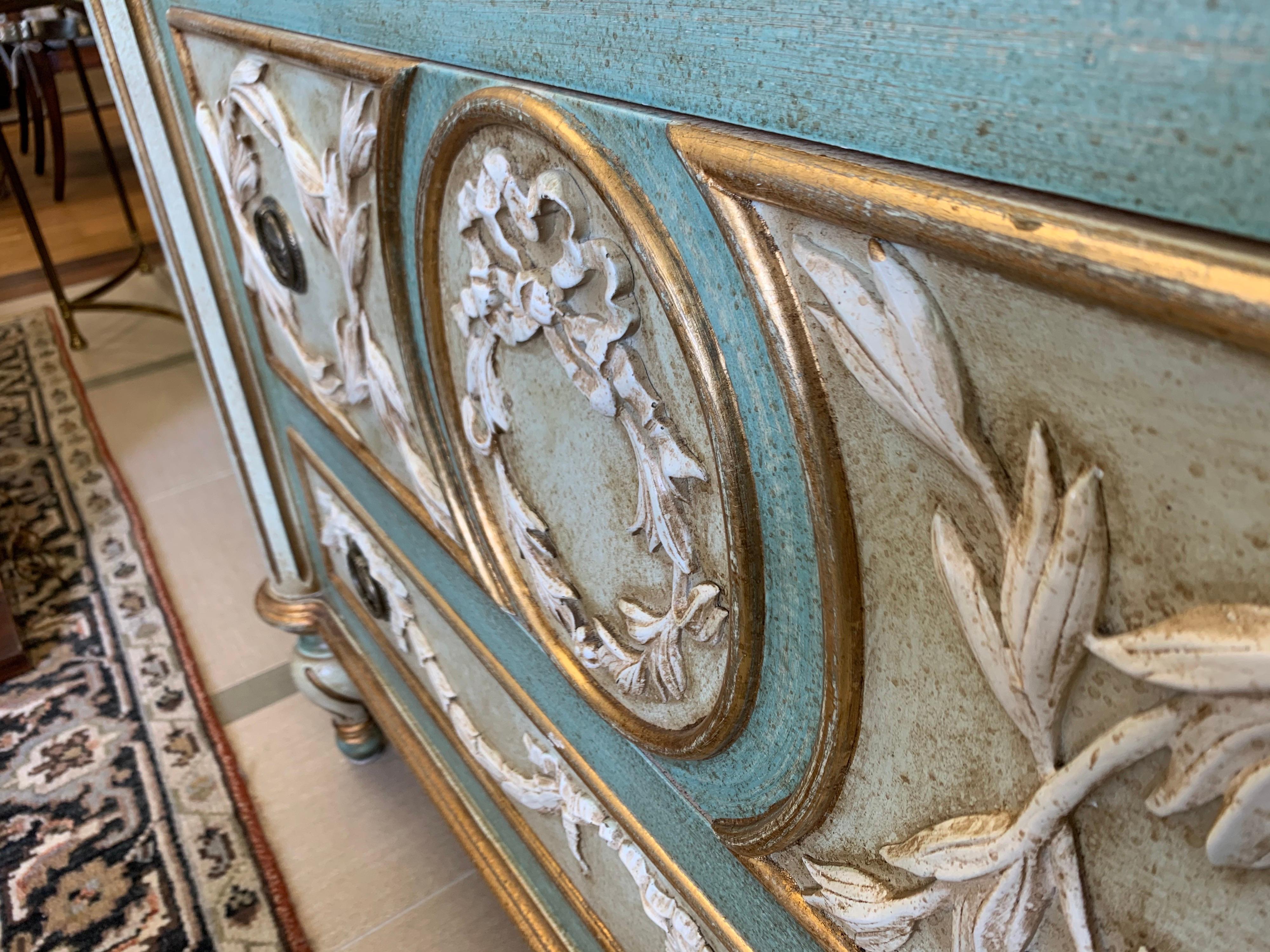 Neoclassical Hand Painted Chest of Drawers Commode Dresser Seafoam Green & Gold 4