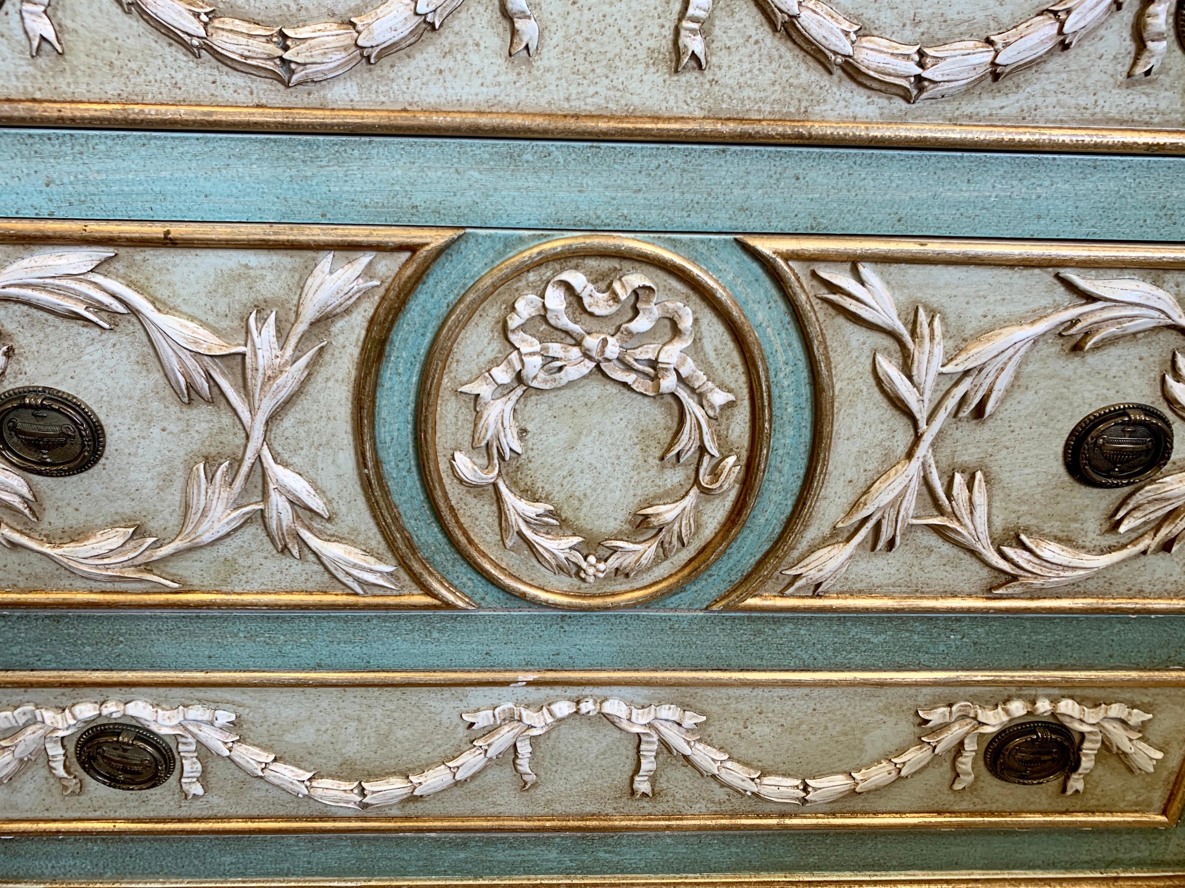 Neoclassical Hand Painted Chest of Drawers Commode Dresser Seafoam Green & Gold In Good Condition In West Hartford, CT