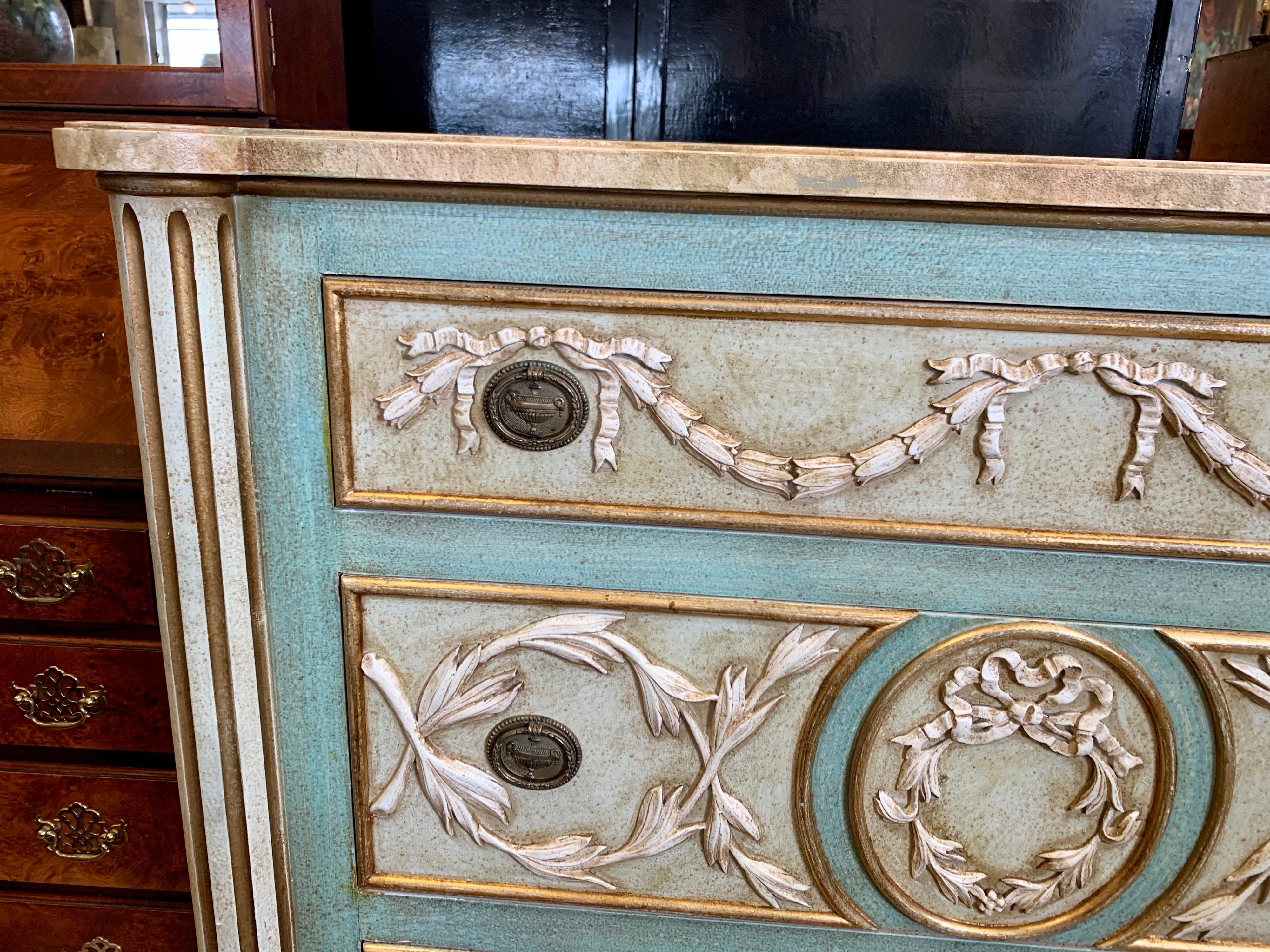 Mid-20th Century Neoclassical Hand Painted Chest of Drawers Commode Dresser Seafoam Green & Gold