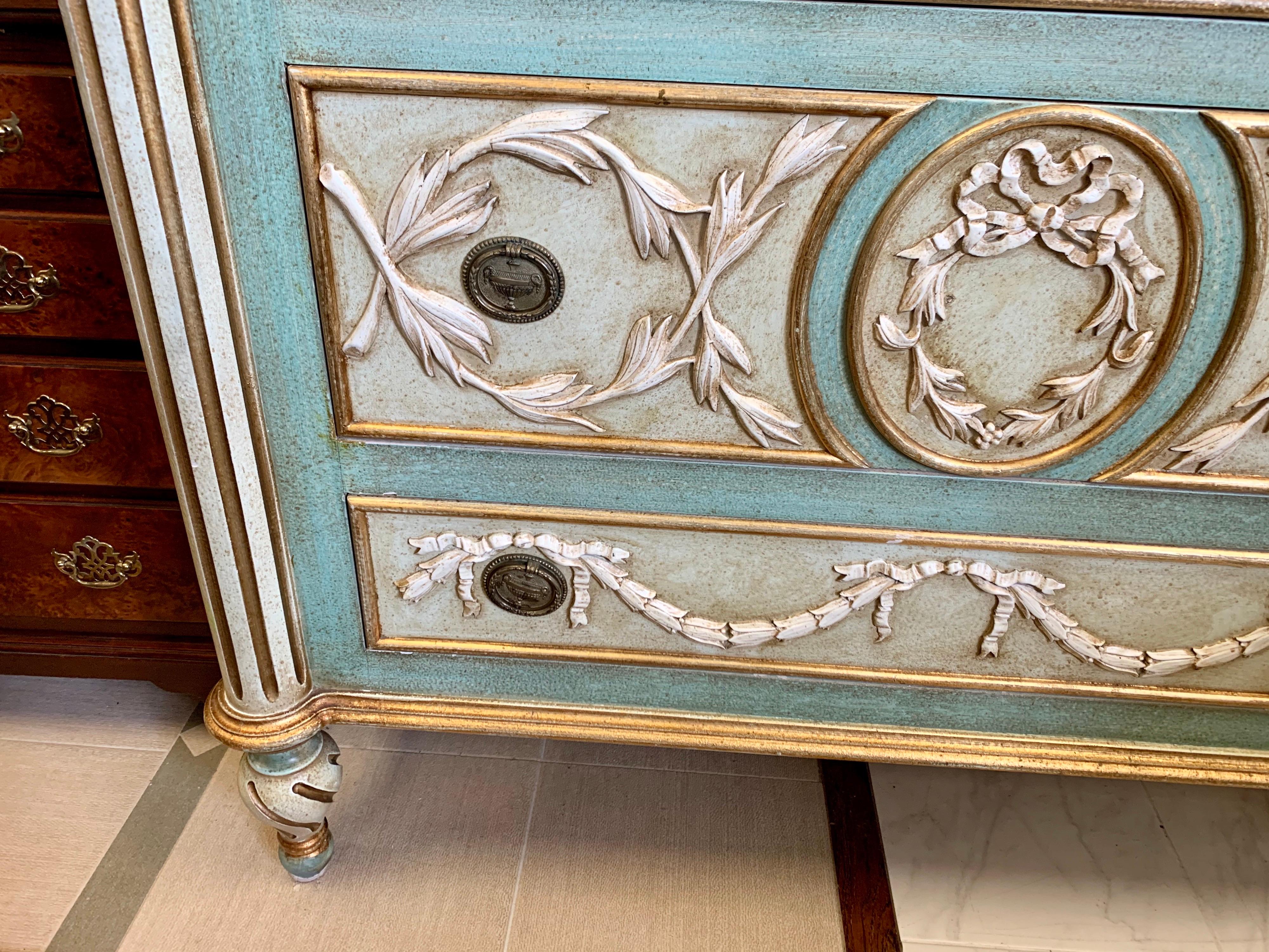 Wood Neoclassical Hand Painted Chest of Drawers Commode Dresser Seafoam Green & Gold