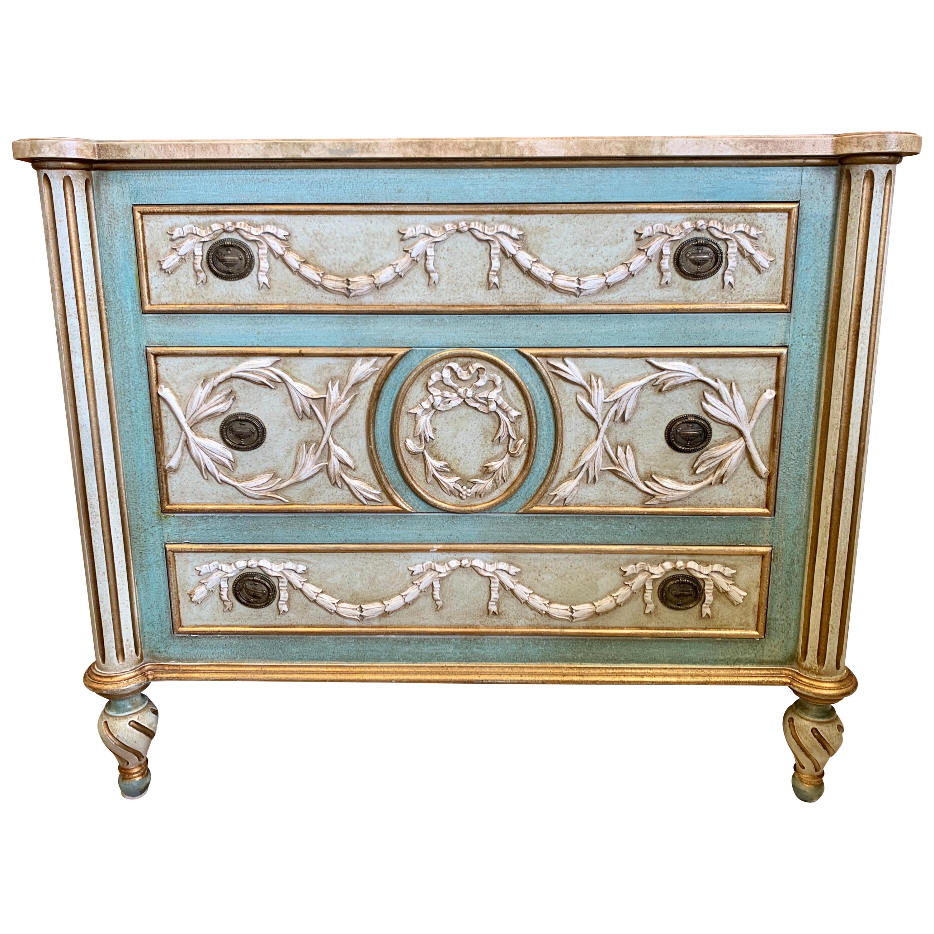 Neoclassical Hand Painted Chest of Drawers Commode Dresser Seafoam Green & Gold