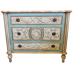 Neoclassical Hand Painted Chest of Drawers Commode Dresser Seafoam Green & Gold