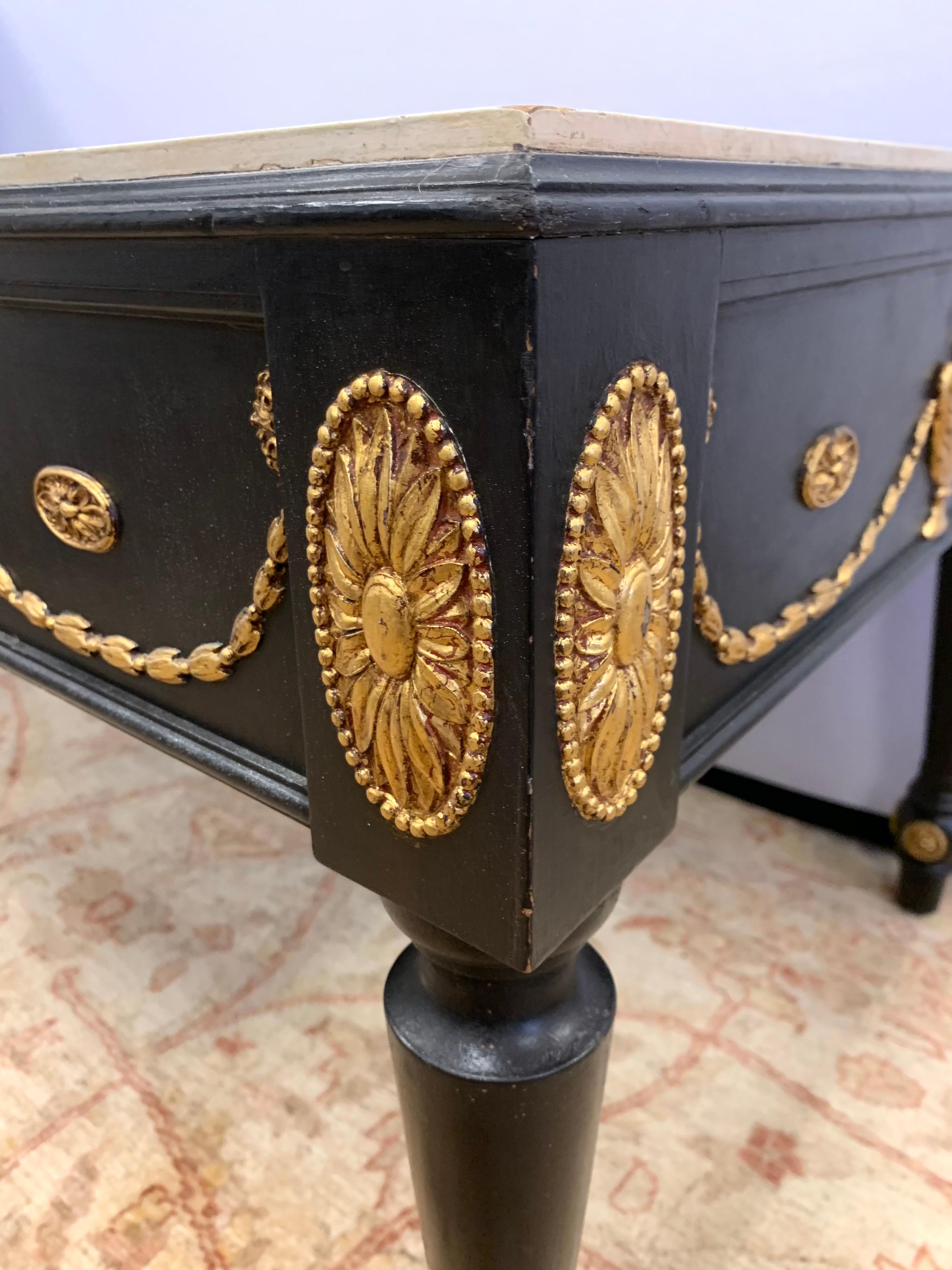20th Century Neoclassical Hand Painted in Black and Gold with Faux Marble Top Cocktail Table