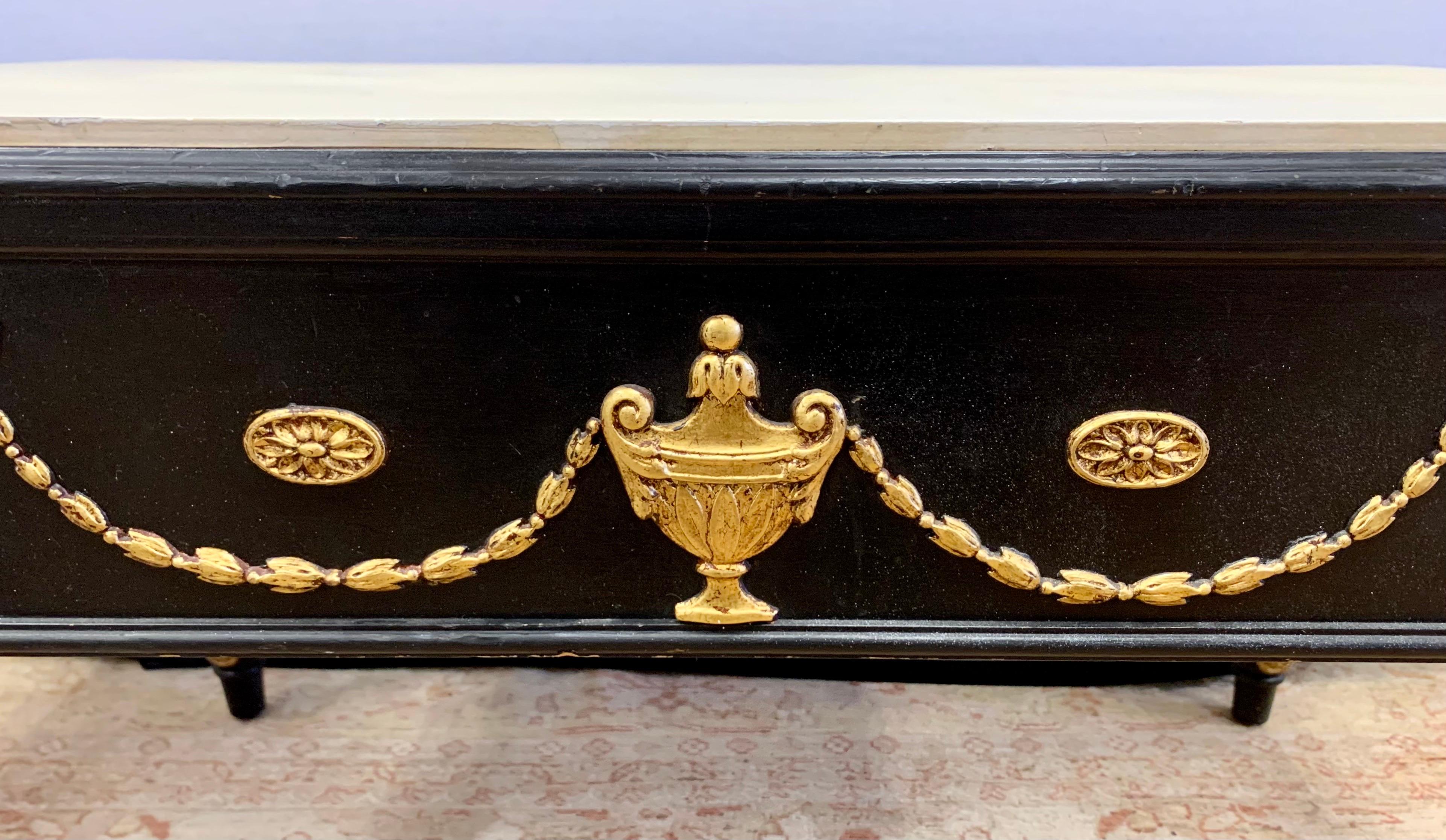 Resin Neoclassical Hand Painted in Black and Gold with Faux Marble Top Cocktail Table