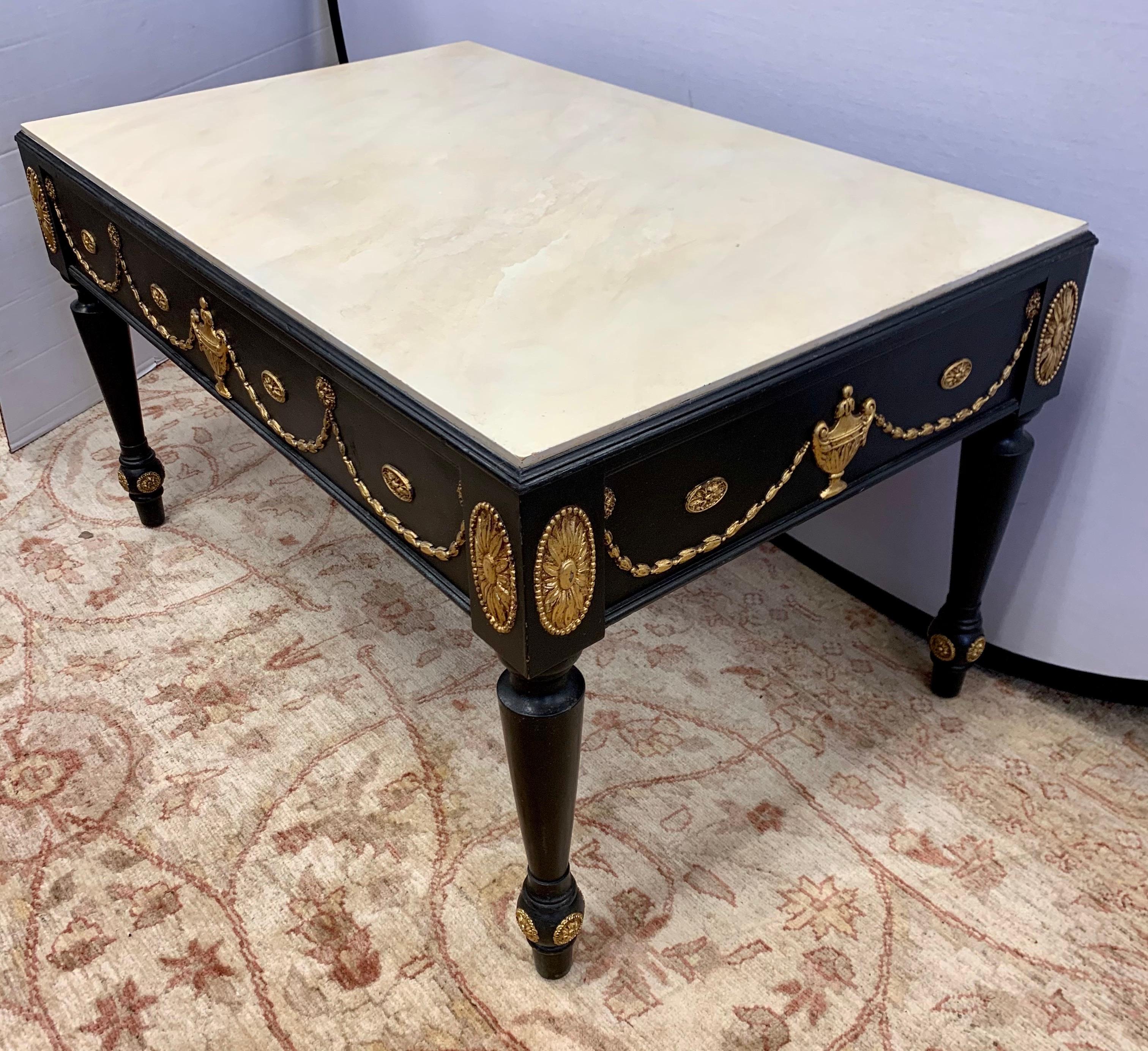 Neoclassical Hand Painted in Black and Gold with Faux Marble Top Cocktail Table 1