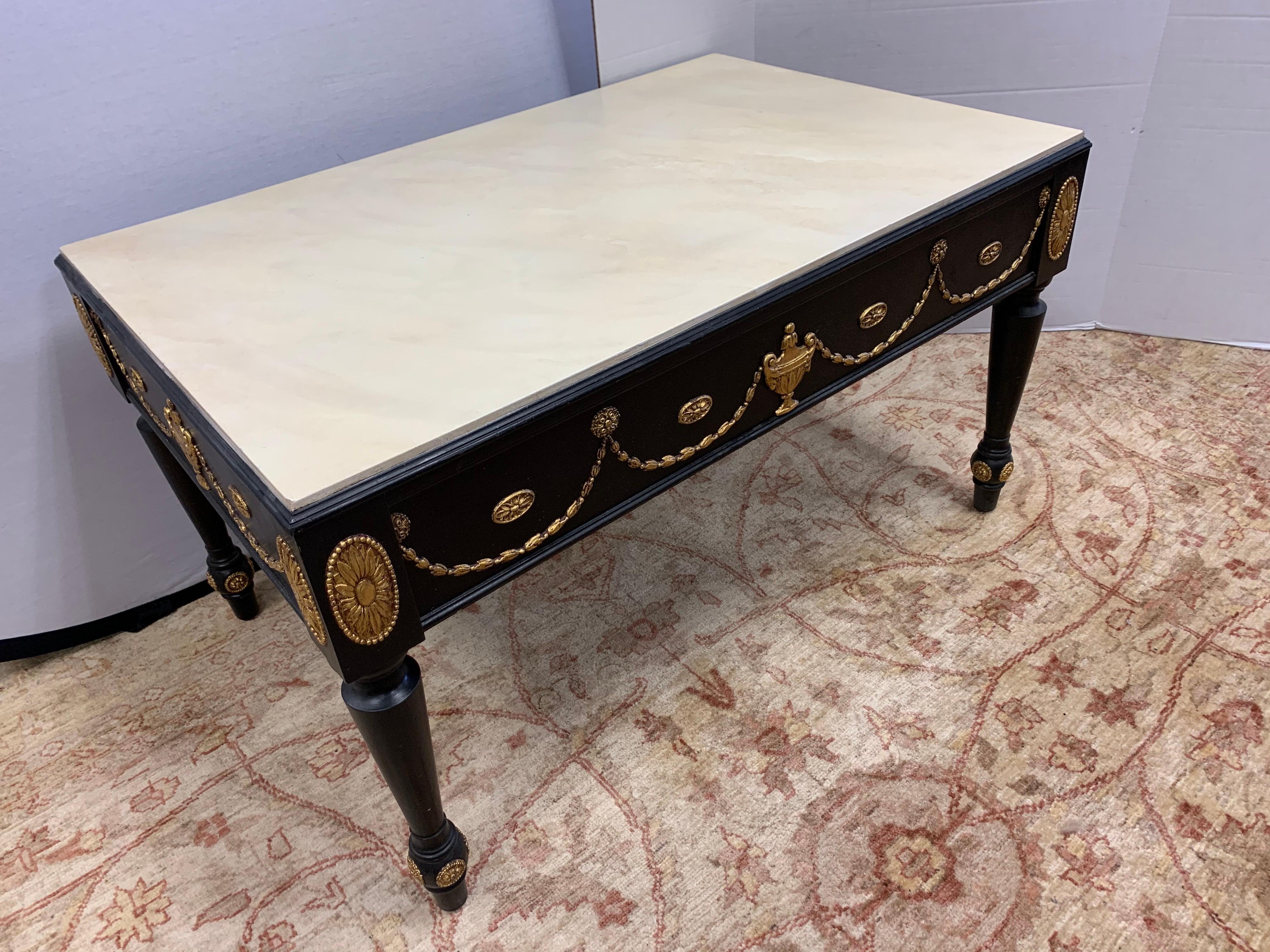 Neoclassical Hand Painted in Black and Gold with Faux Marble Top Cocktail Table 2