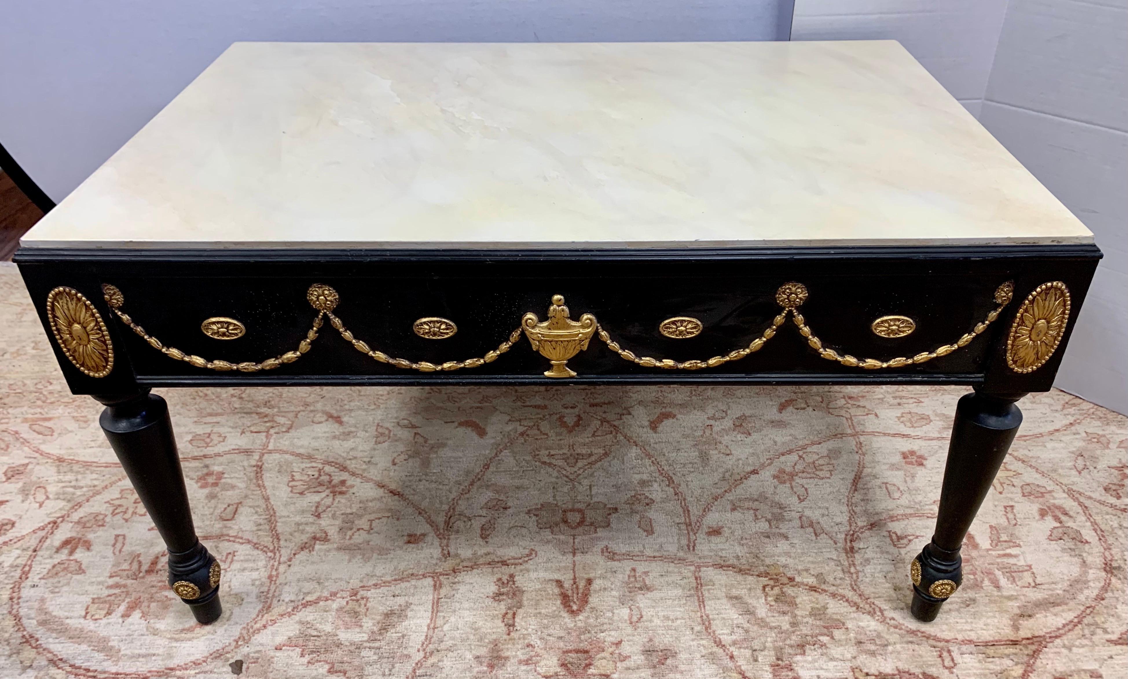 Neoclassical Hand Painted in Black and Gold with Faux Marble Top Cocktail Table 3
