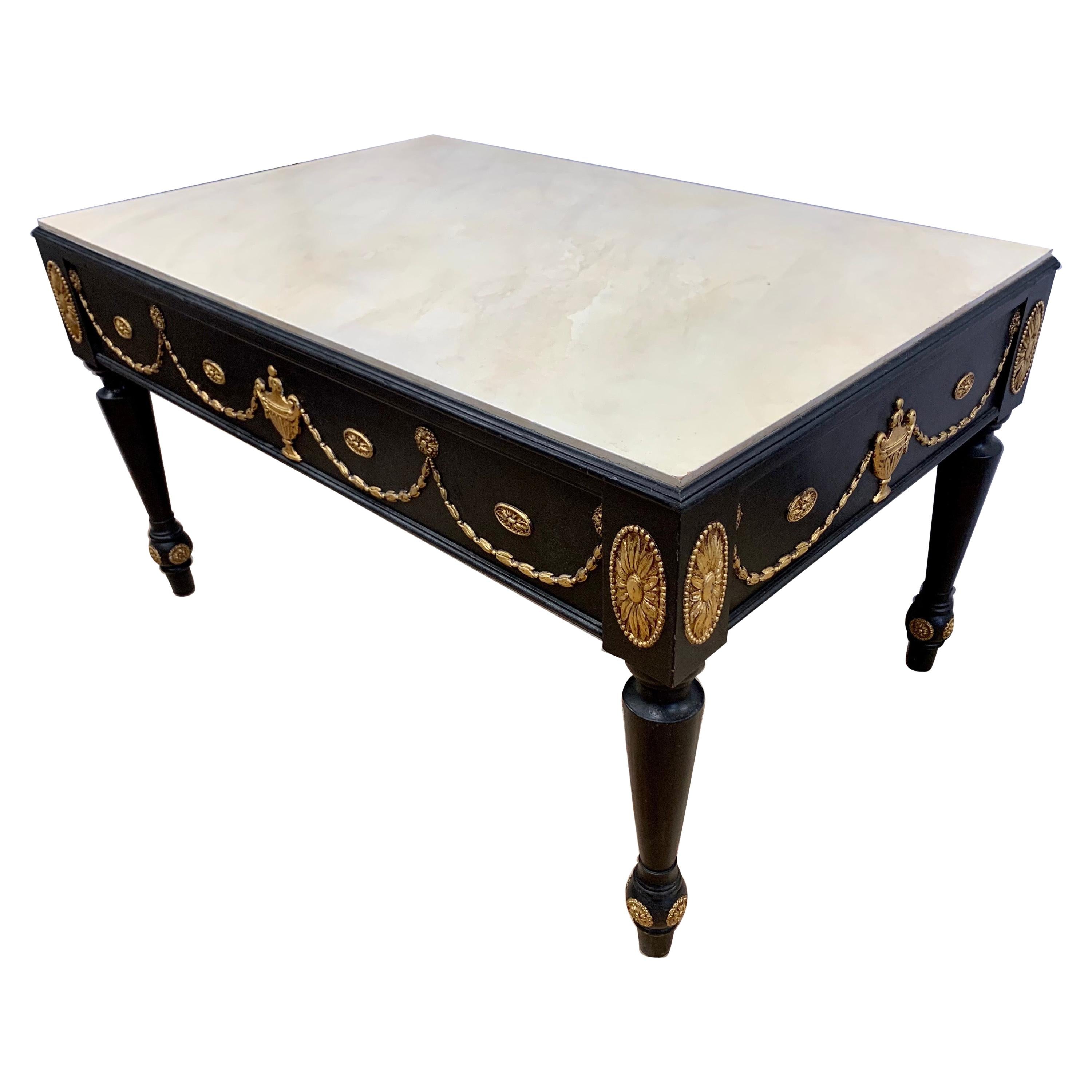 Neoclassical Hand Painted in Black and Gold with Faux Marble Top Cocktail Table
