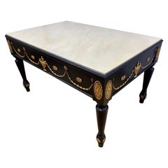 Vintage Neoclassical Hand Painted in Black and Gold with Faux Marble Top Cocktail Table