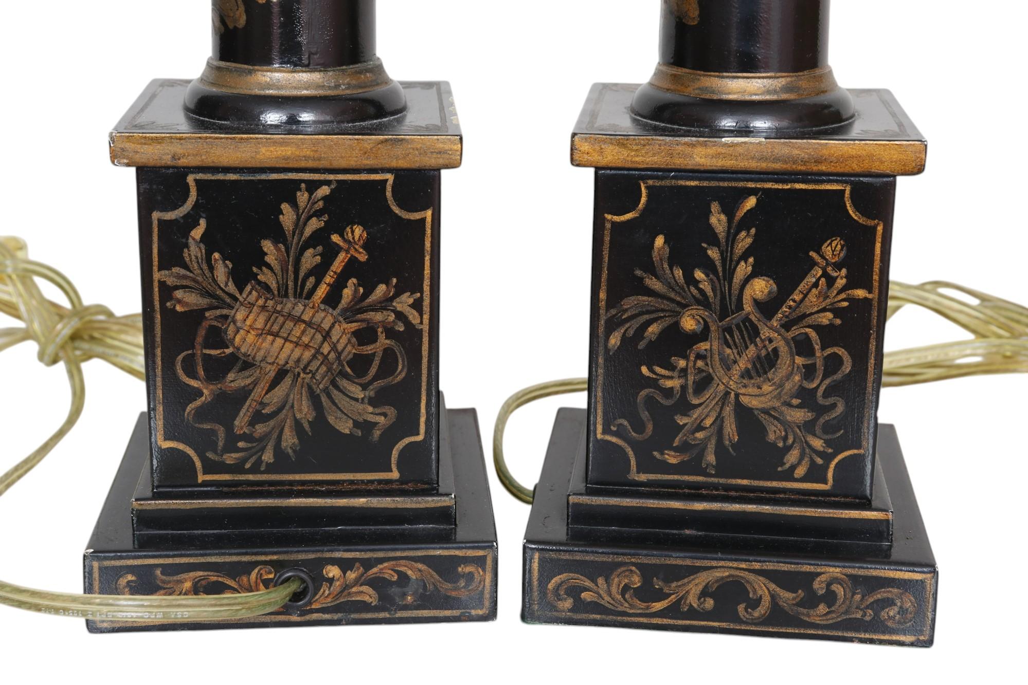 Metal Neoclassical Hand-Painted Tole Table Lamps, a Pair For Sale