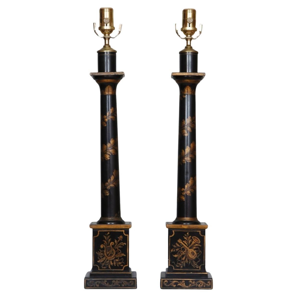 Neoclassical Hand-Painted Tole Table Lamps, a Pair For Sale