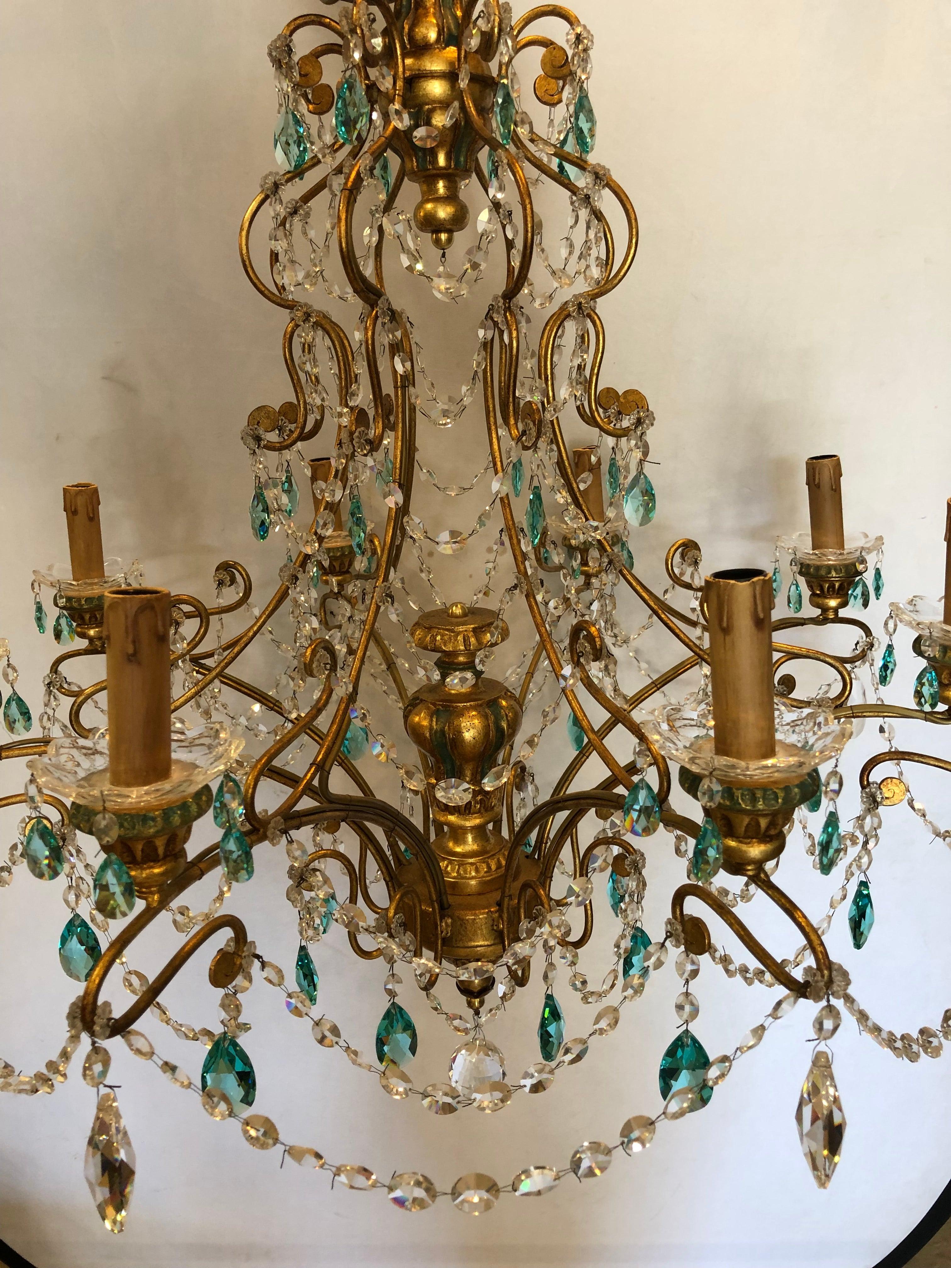 Neoclassical Handcrafted Italian Gilt Metal White & Turquoise Crystal Chandelier 6