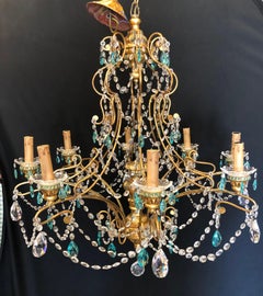 Neoclassical Handcrafted Italian Gilt Metal White & Turquoise Crystal Chandelier