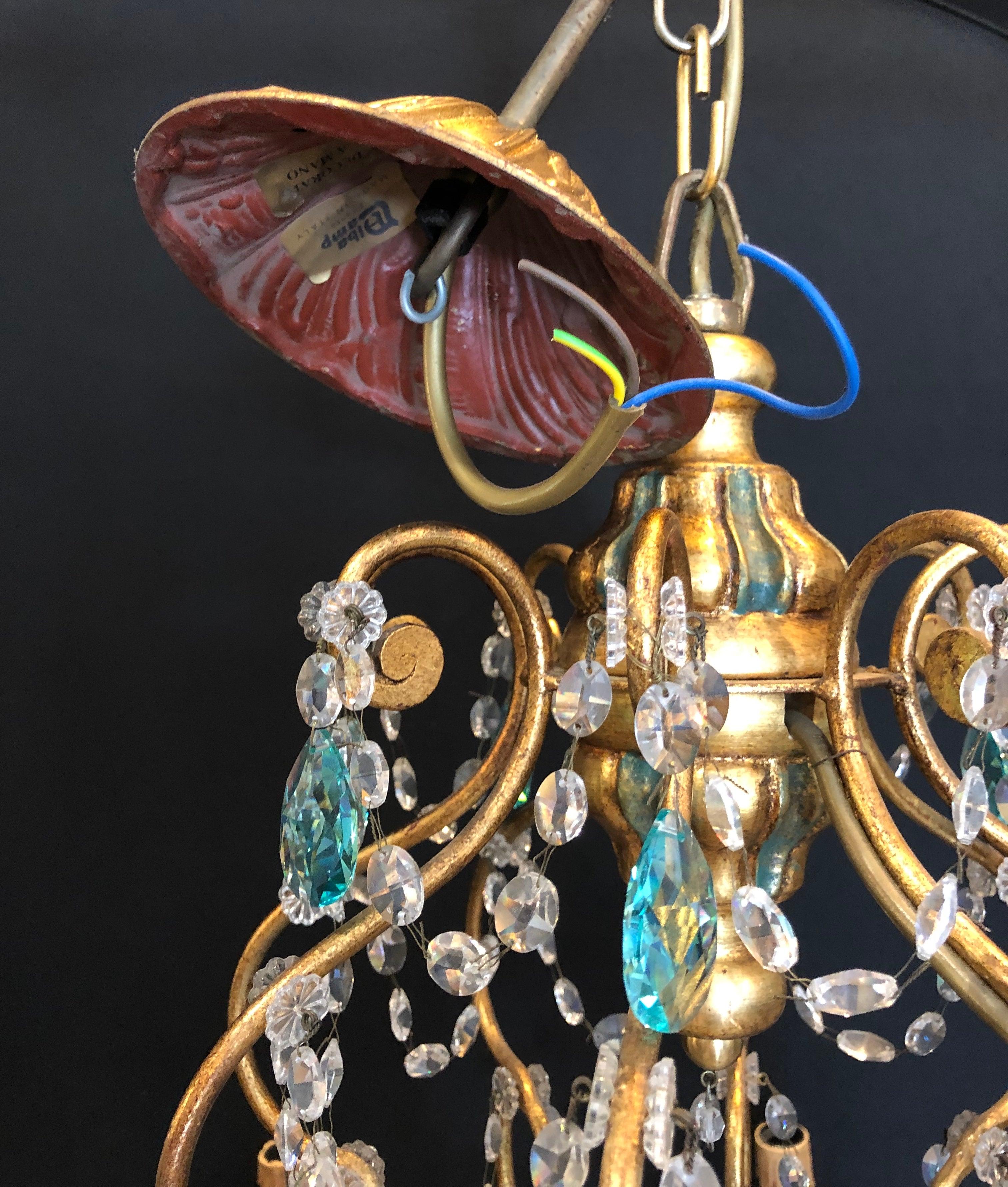 Hollywood Regency Neoclassical Handcrafted Italian Gilt Metal White & Turquoise Crystal Chandelier