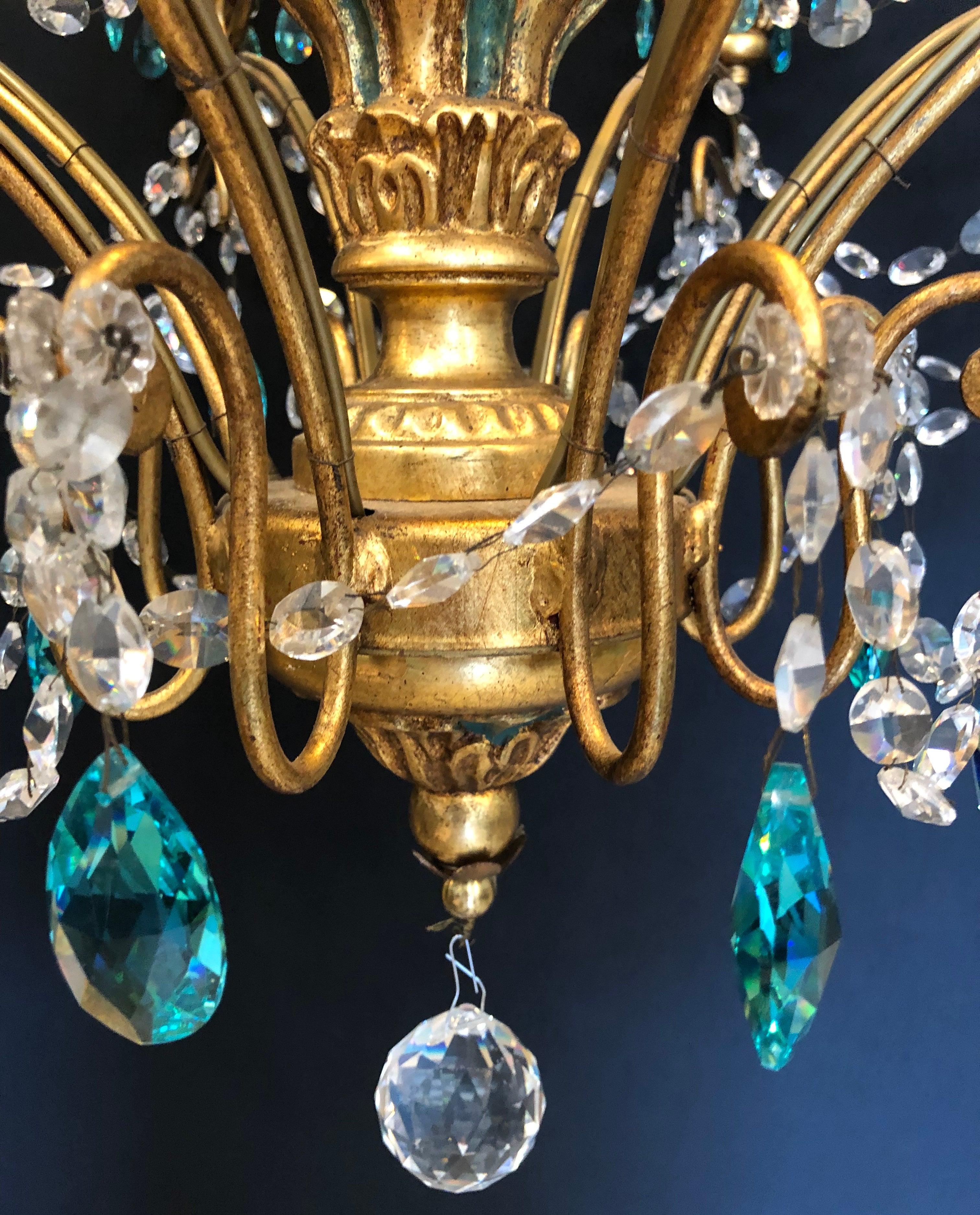 Neoclassical Handcrafted Italian Gilt Metal White & Turquoise Crystal Chandelier In Good Condition In Plainview, NY