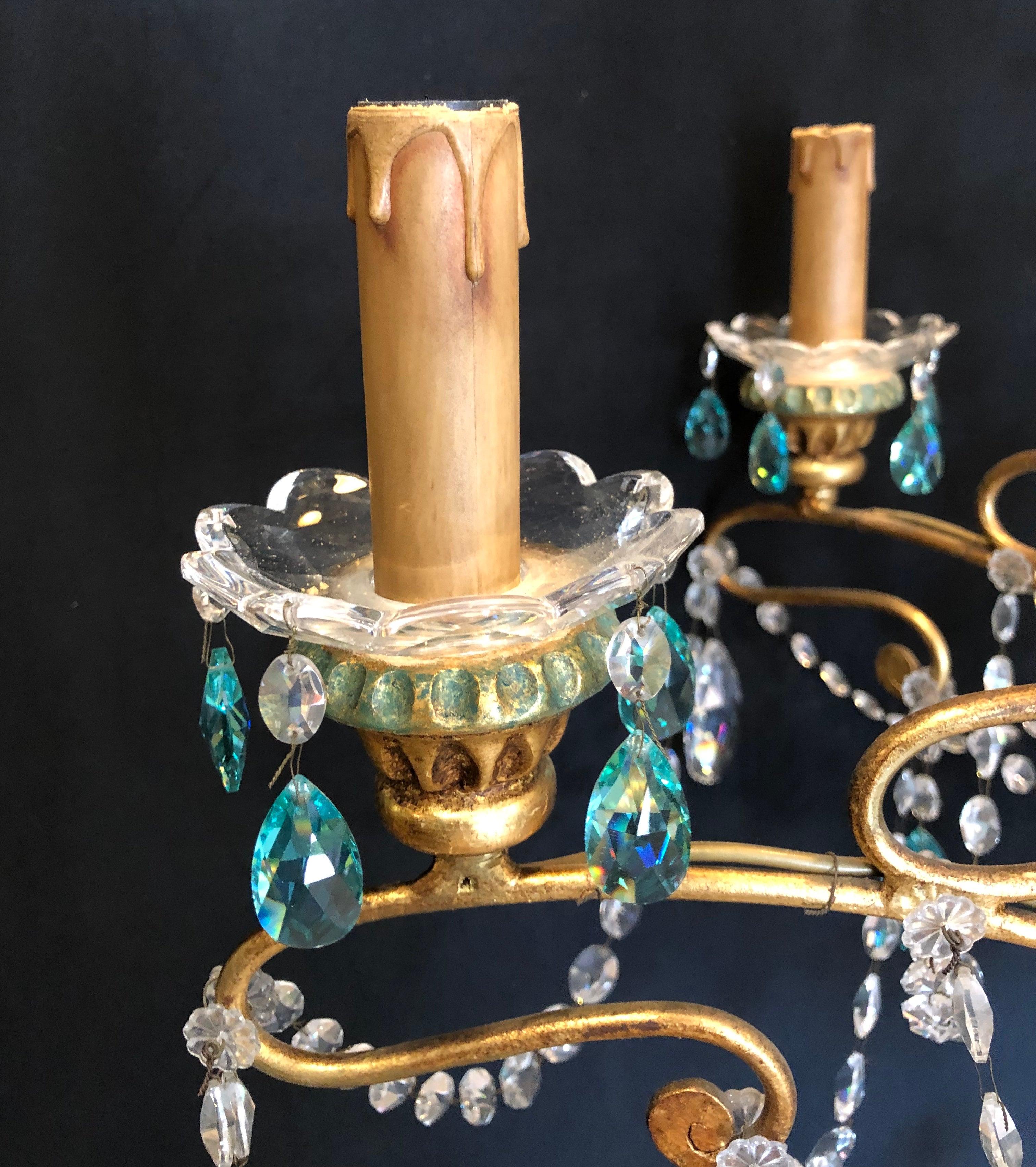 20th Century Neoclassical Handcrafted Italian Gilt Metal White & Turquoise Crystal Chandelier