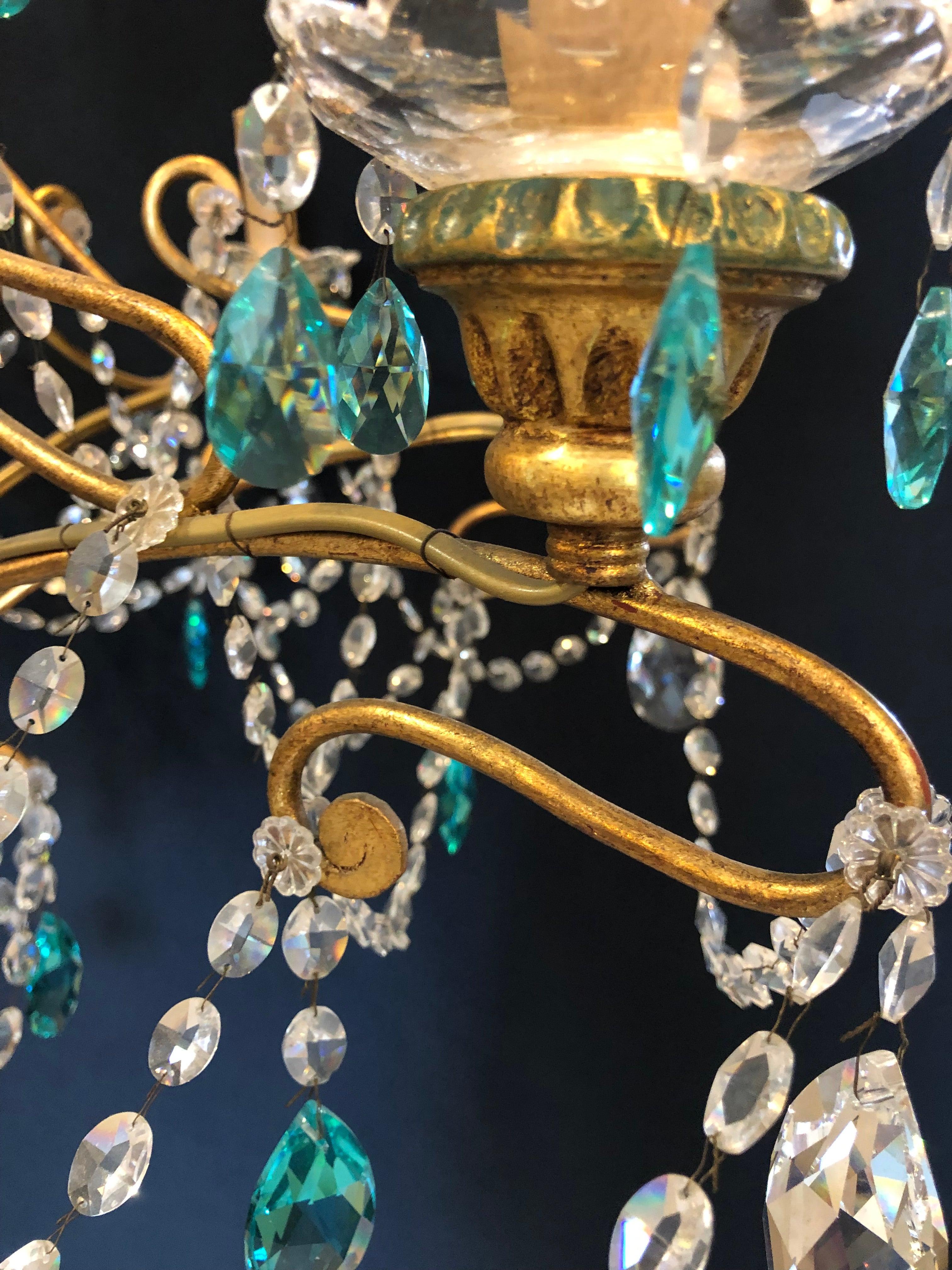 Neoclassical Handcrafted Italian Gilt Metal White & Turquoise Crystal Chandelier 3