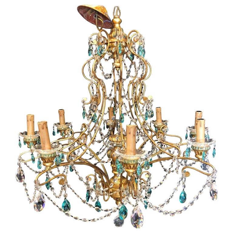 Neoclassical Handcrafted Italian Gilt Metal White & Turquoise Crystal Chandelier