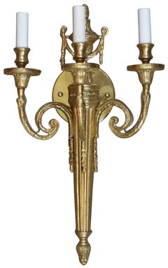 Neoclassical Hollywood Regency 3-Light Gold Candelabra Torchiere Wall Sconce