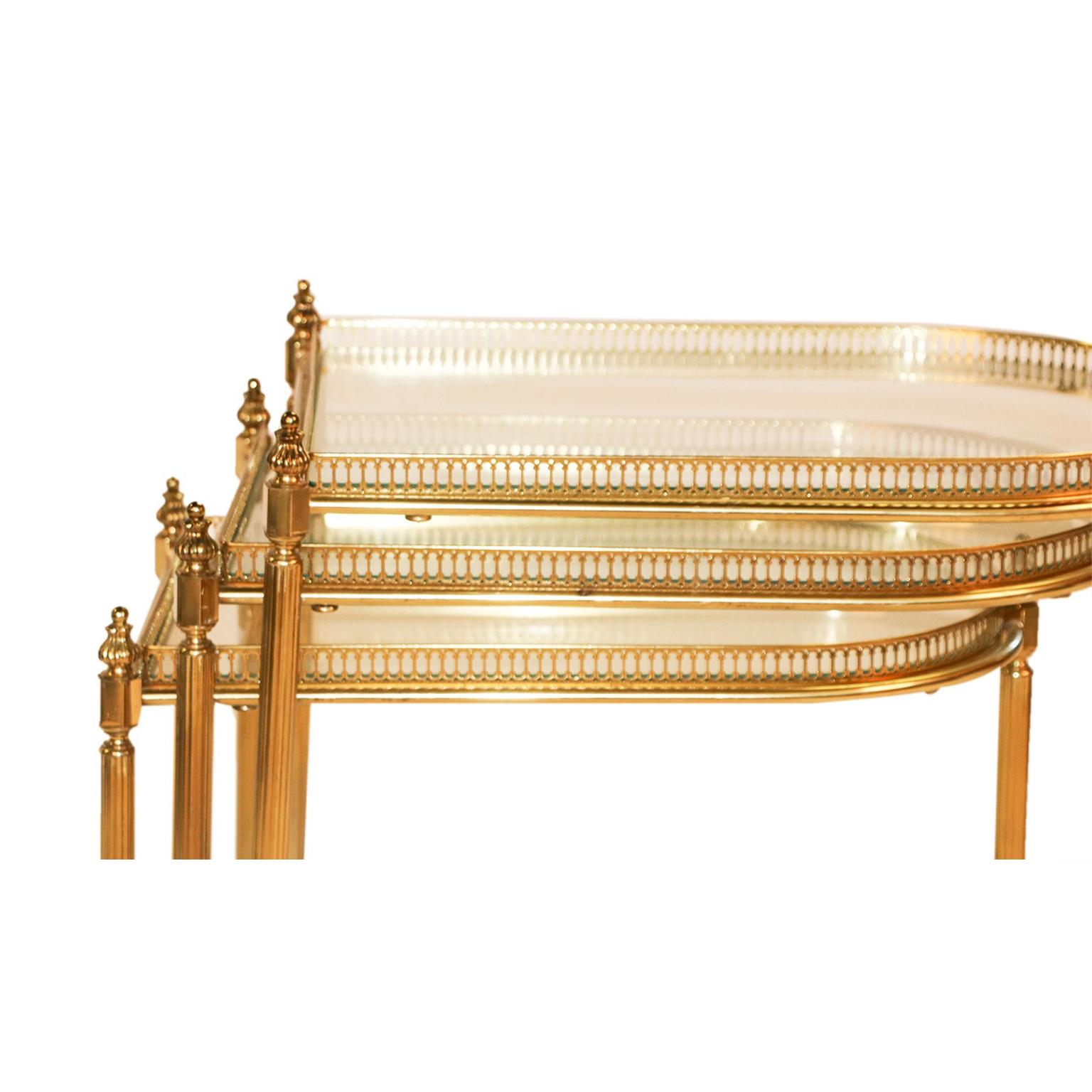 French Neoclassical Hollywood Regency Brass Glass Nesting Tables For Sale