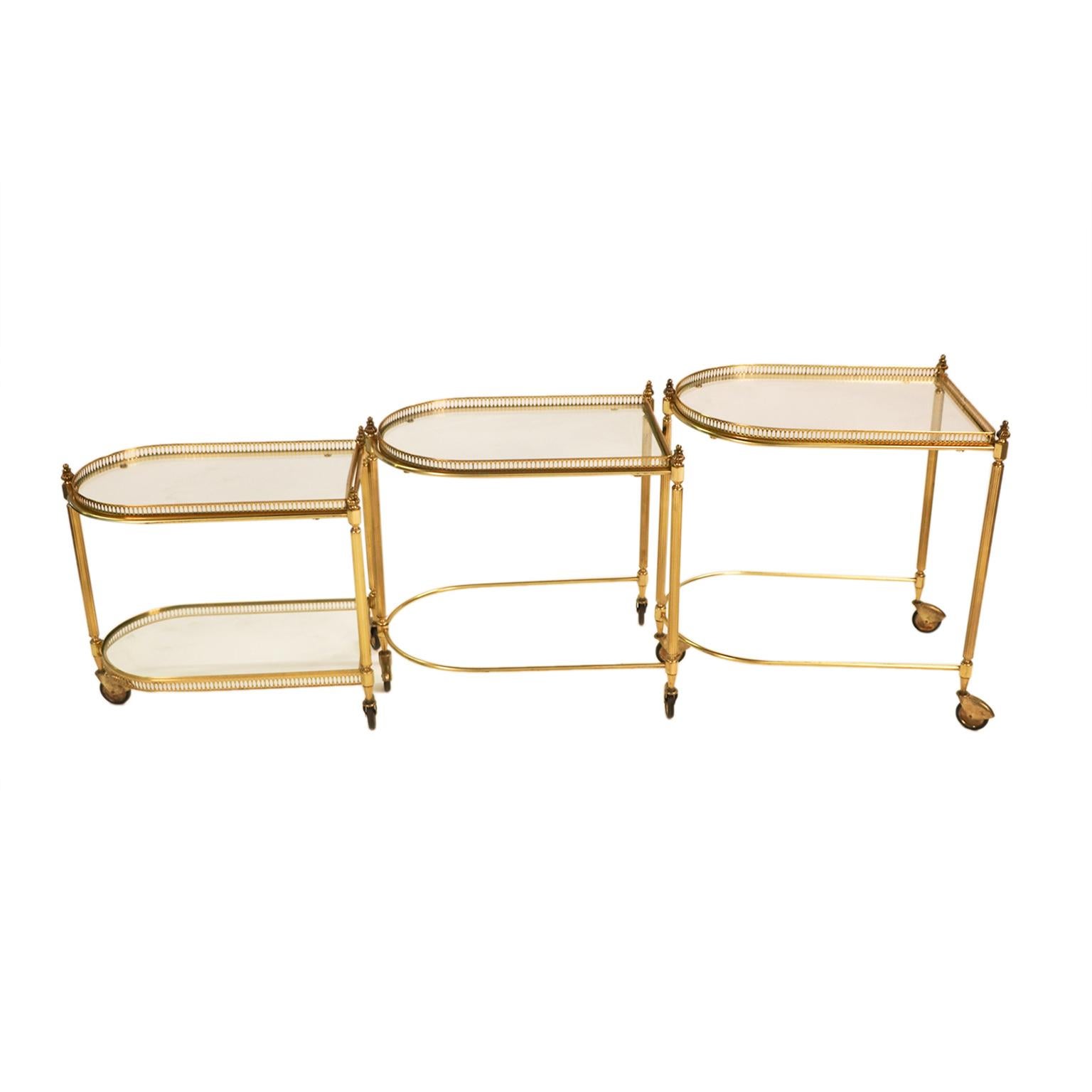 Neoclassical Hollywood Regency Brass Glass Nesting Tables For Sale 2