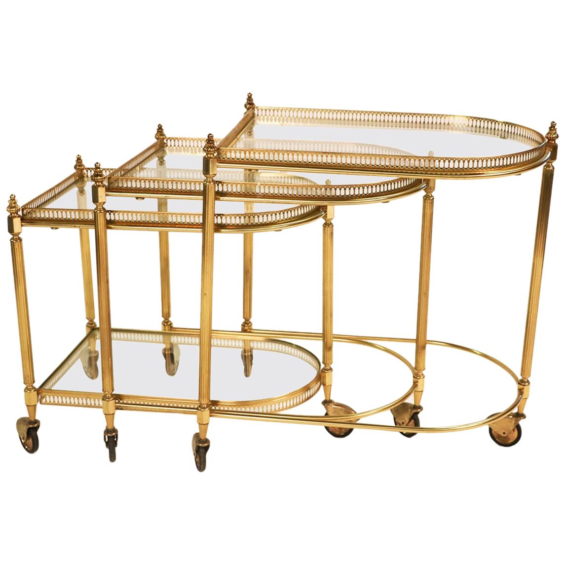 Neoclassical Hollywood Regency Brass Glass Nesting Tables