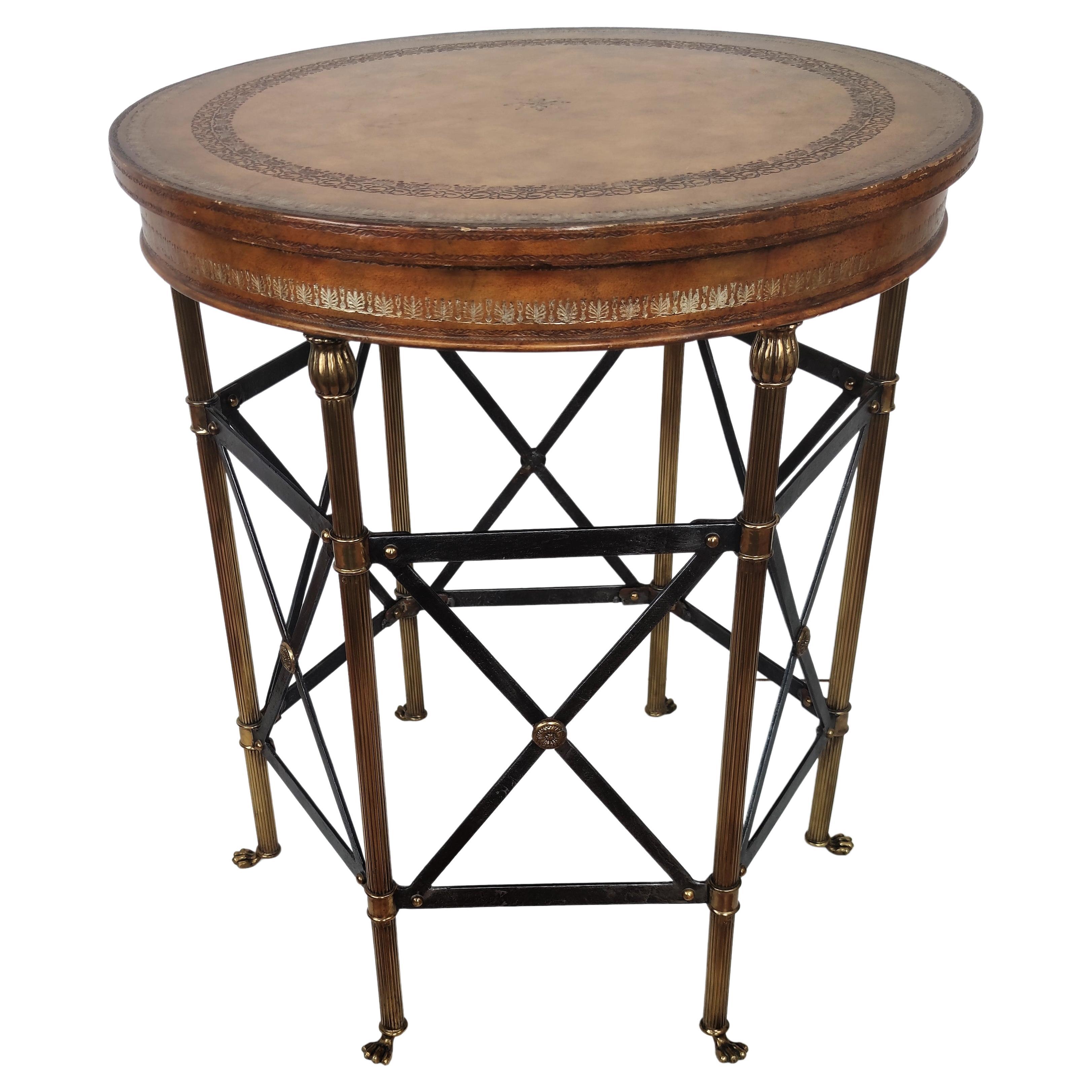 Neoclassical Hollywood Regency Side Table Brass, Metal and Tooled Leather Top