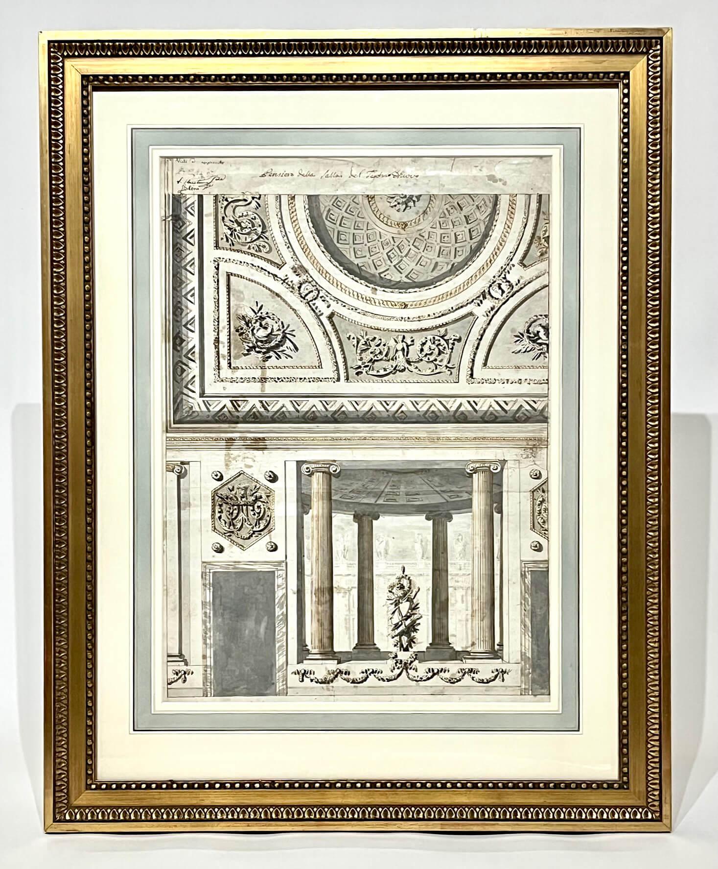 An exquisite Italian circa 1780 large scale ink and watercolor on paper neoclassical architectural elevation proposal for a theatre hall inscribed at the top 