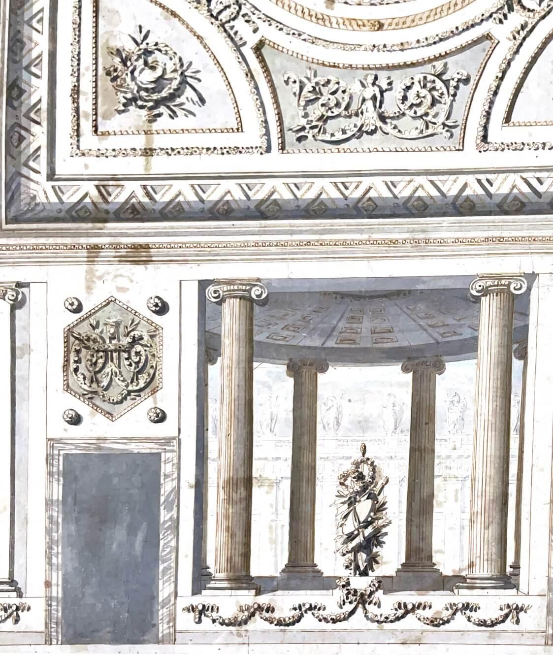 Glass Neoclassical Ink & Watercolor Architectural Elevation, Italy, circa 1780 For Sale