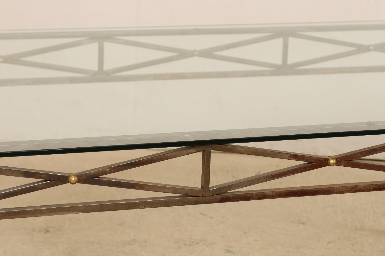 American Neoclassical Inspired Metal Dining Table with Brass Accents and Glass Top For Sale