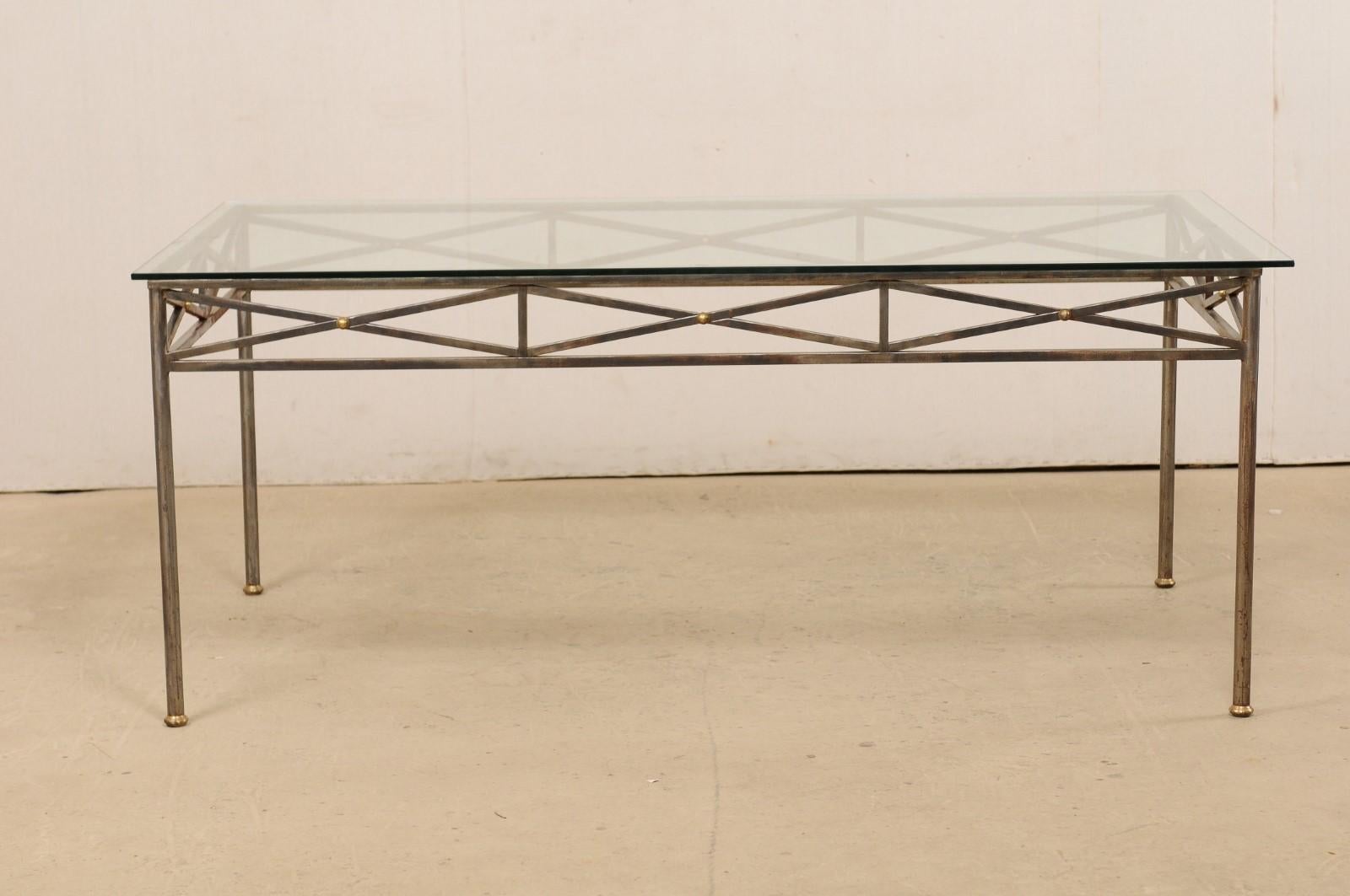 Neoclassical Inspired Metal Dining Table with Brass Accents and Glass Top For Sale 2