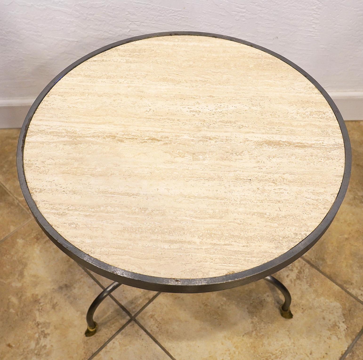Brushed Neoclassical Inspired Round Marble-Top Steel and Brass Mounted Side Table