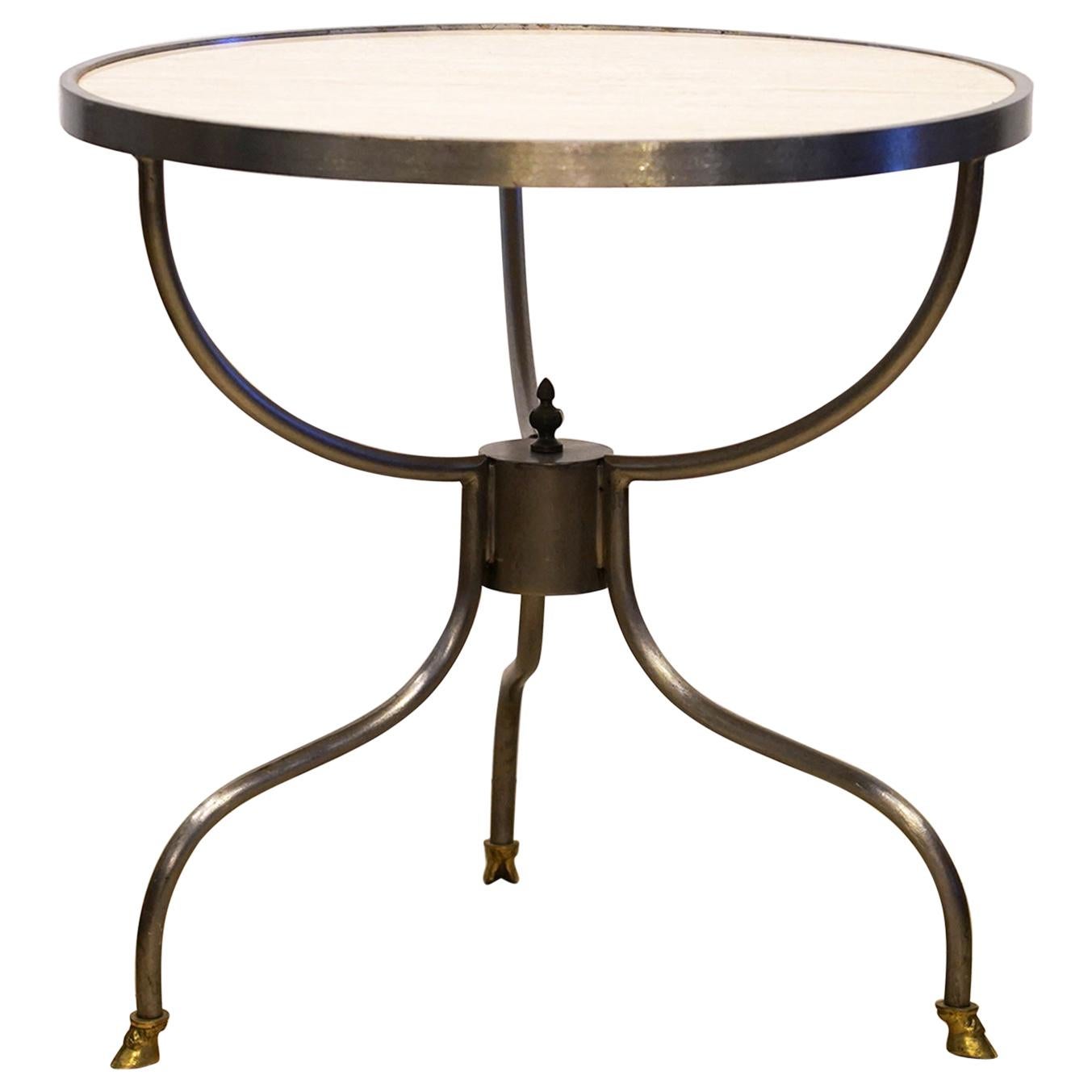 Neoclassical Inspired Round Marble-Top Steel and Brass Mounted Side Table