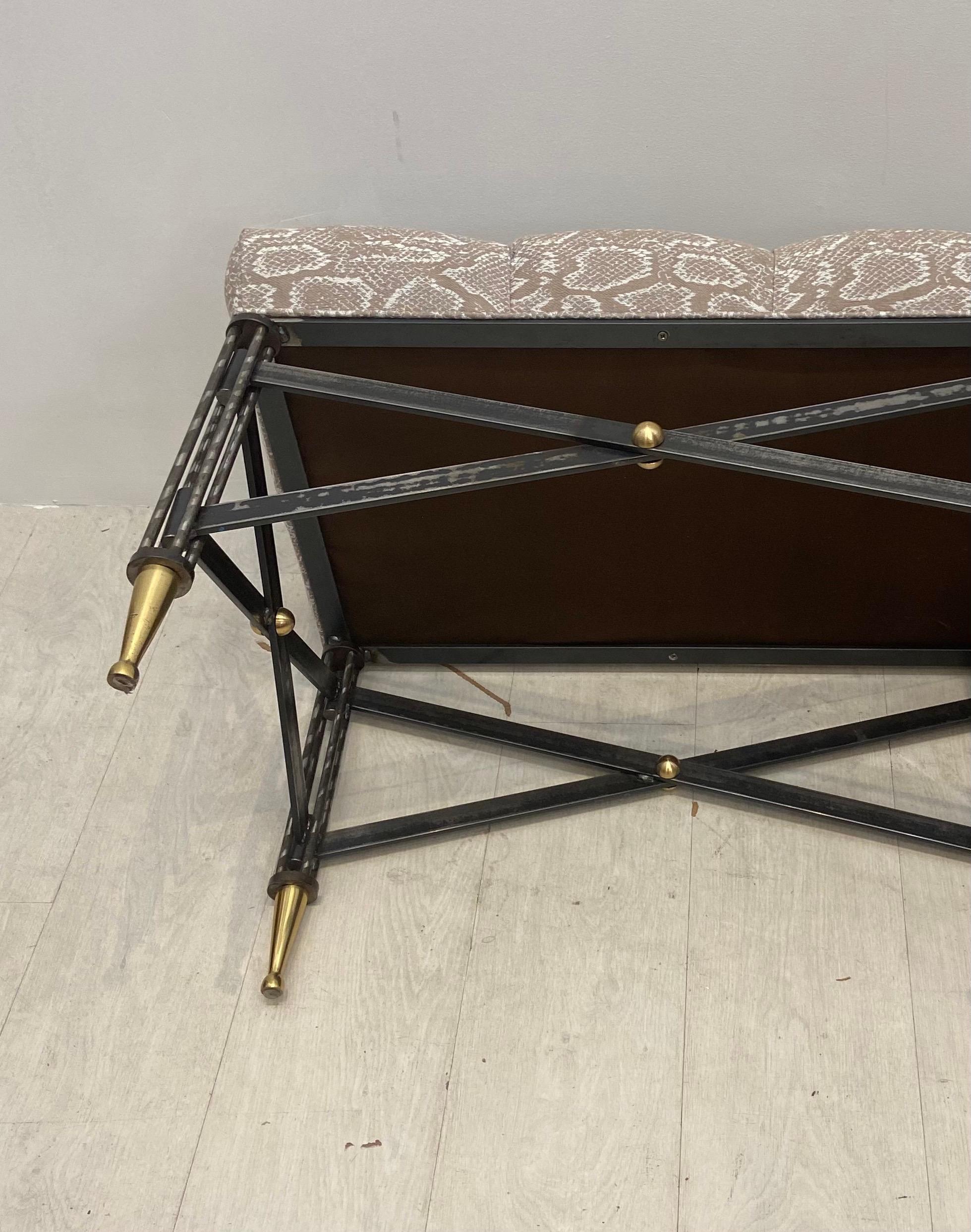 20th Century Neoclassical Iron and Brass Upholstered Bench