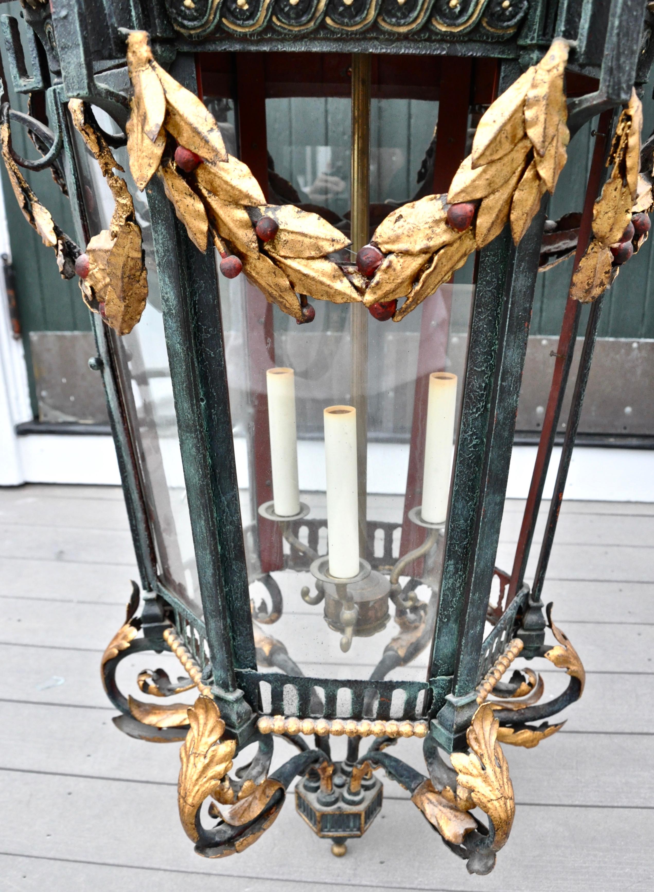 Gilt Neoclassical Iron and Tole Hall Lantern, Early 20th Century