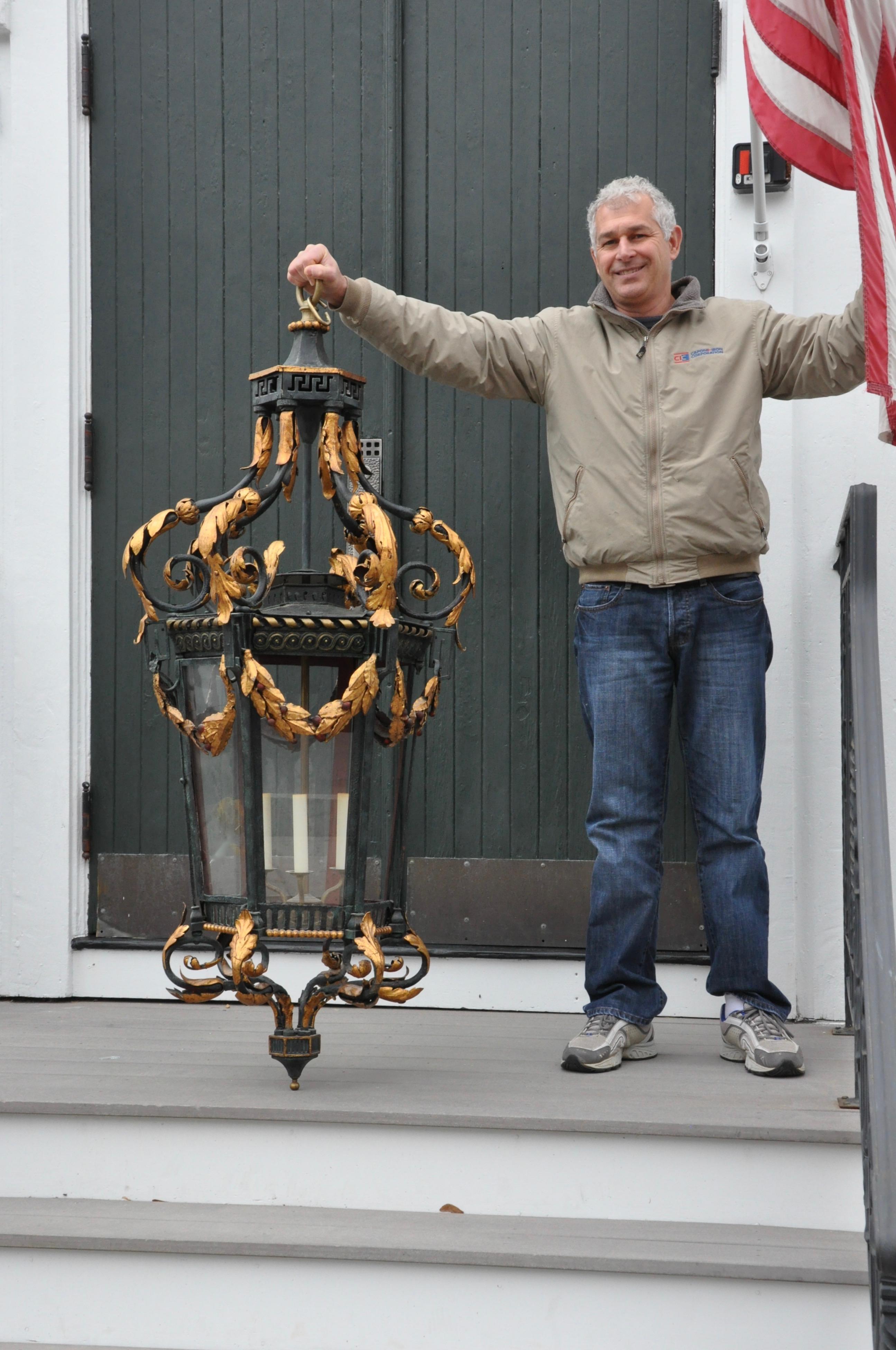 Neoclassical Iron and Tole Hall Lantern, Early 20th Century In Good Condition In Essex, MA