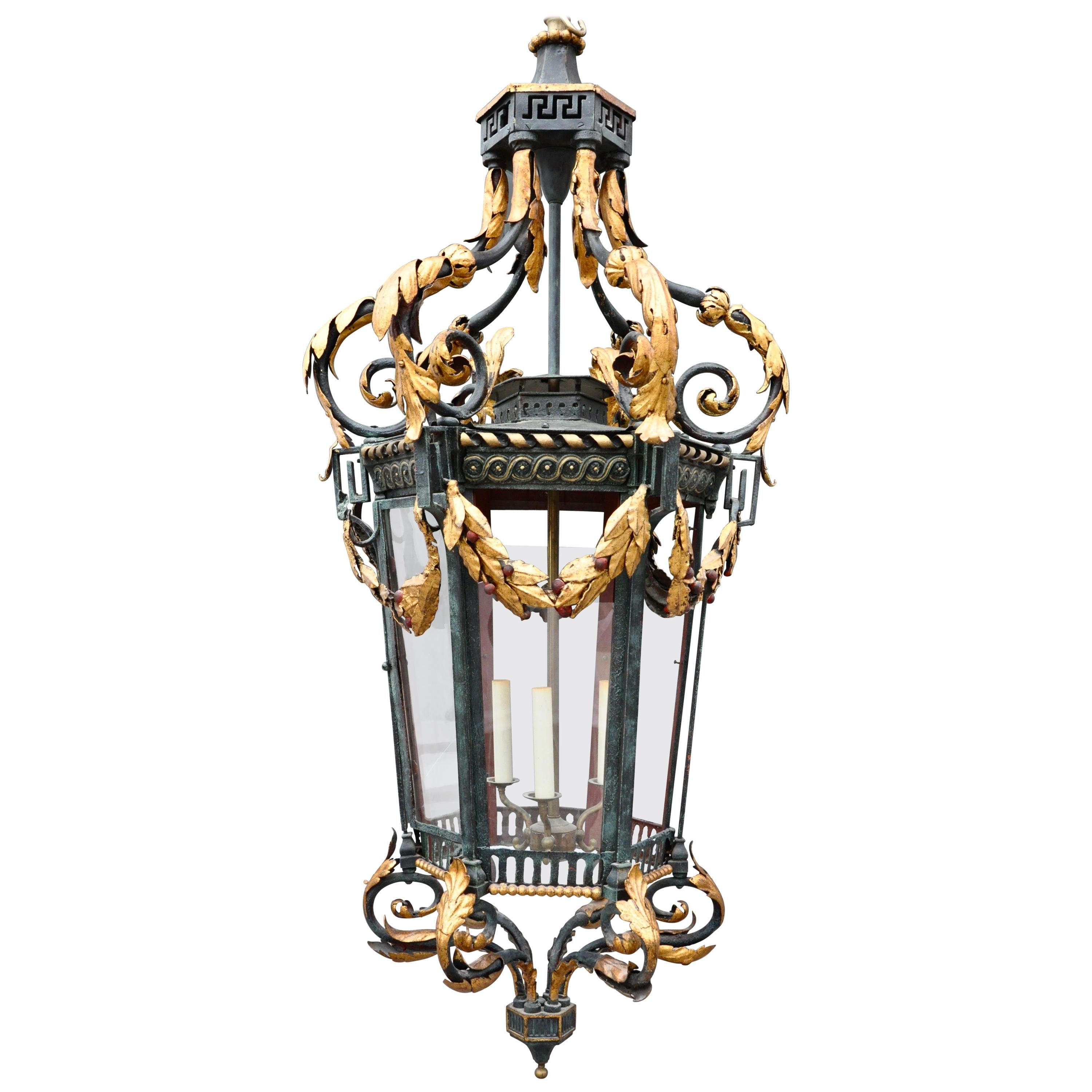 Neoclassical Iron and Tole Hall Lantern, Early 20th Century