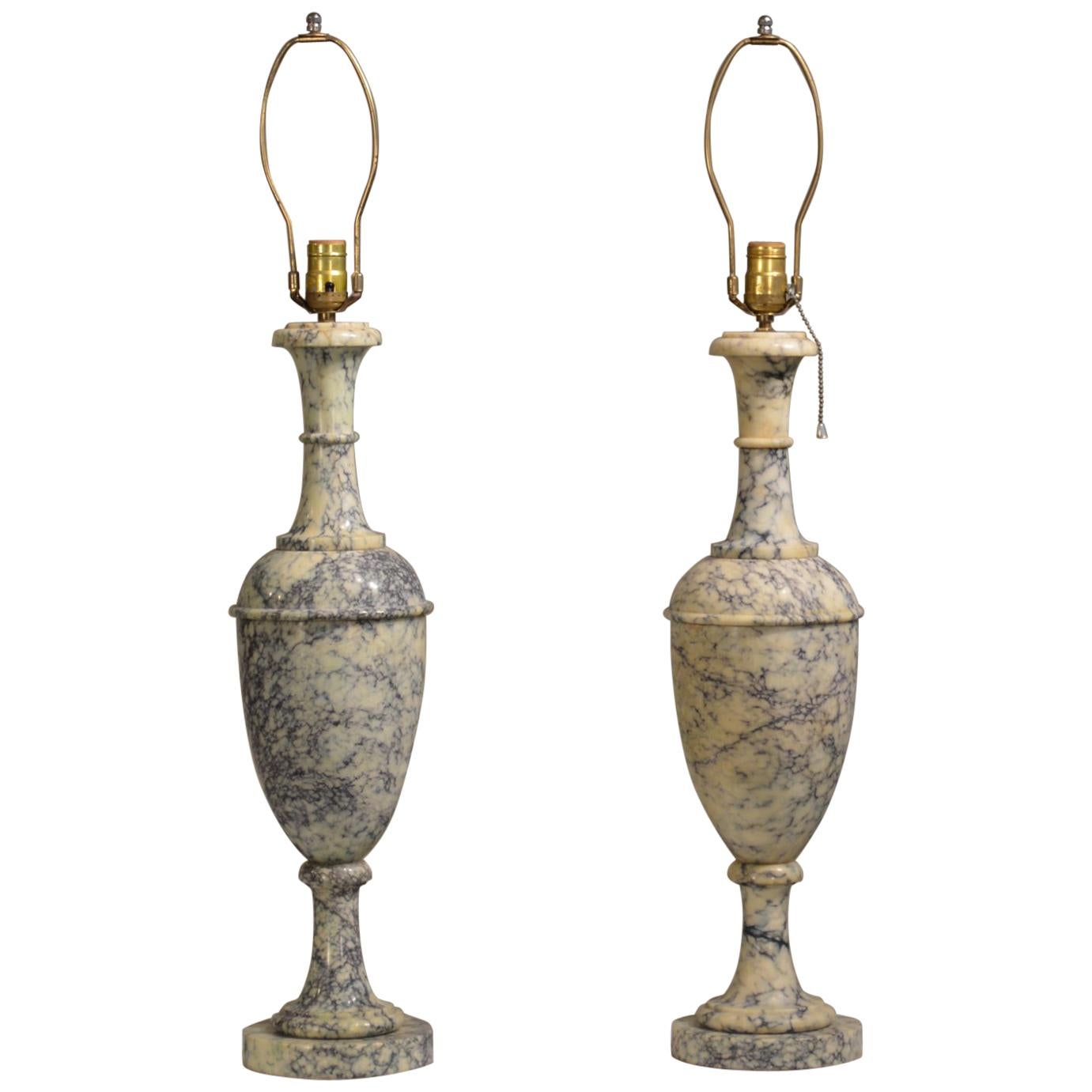 Neoclassical Italian Blue Veined Marble Urn Table Lamps