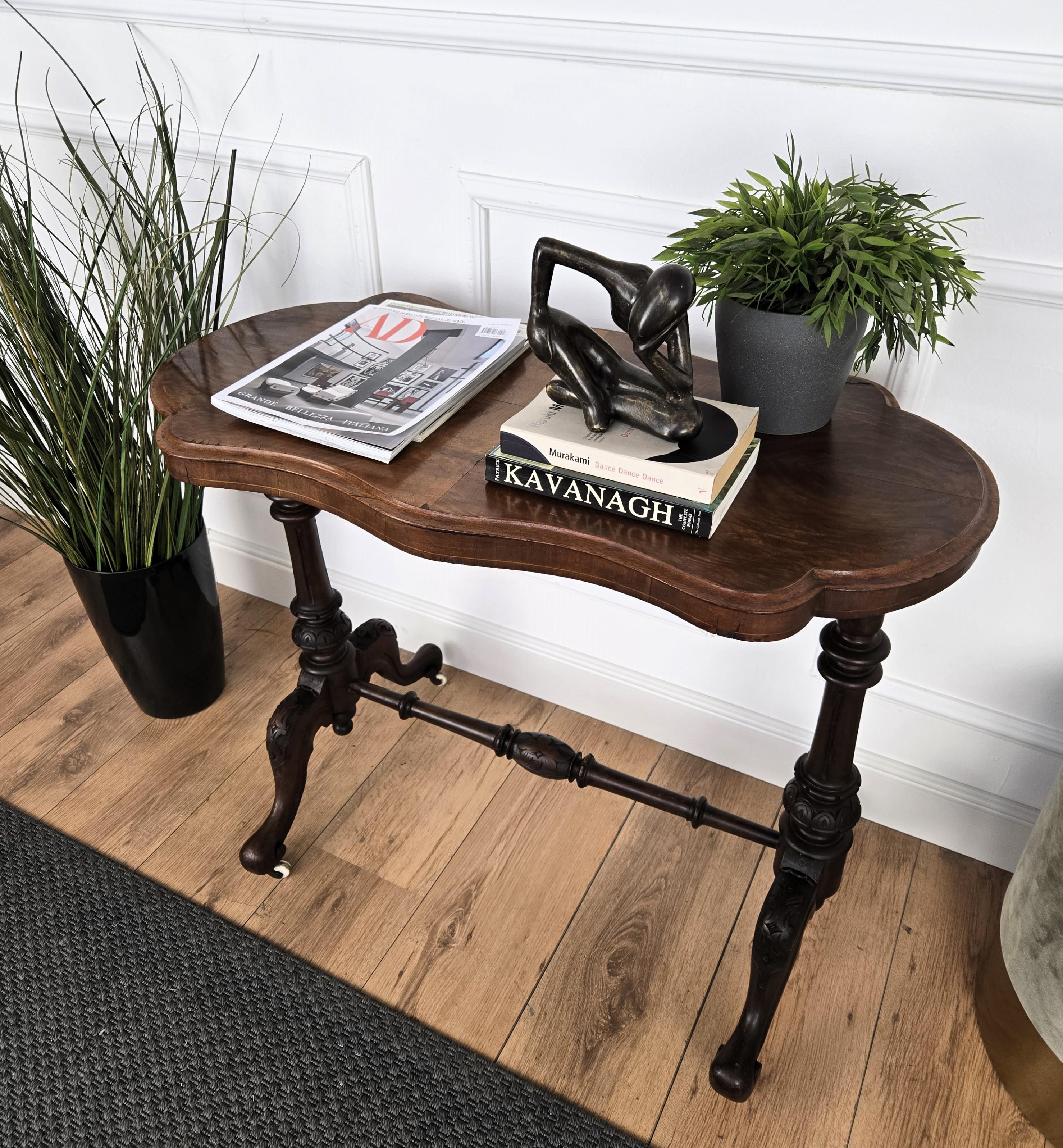 Mid-Century Modern Neoclassical Italian Burl Walnut Wood Coffee Side Table Cart For Sale
