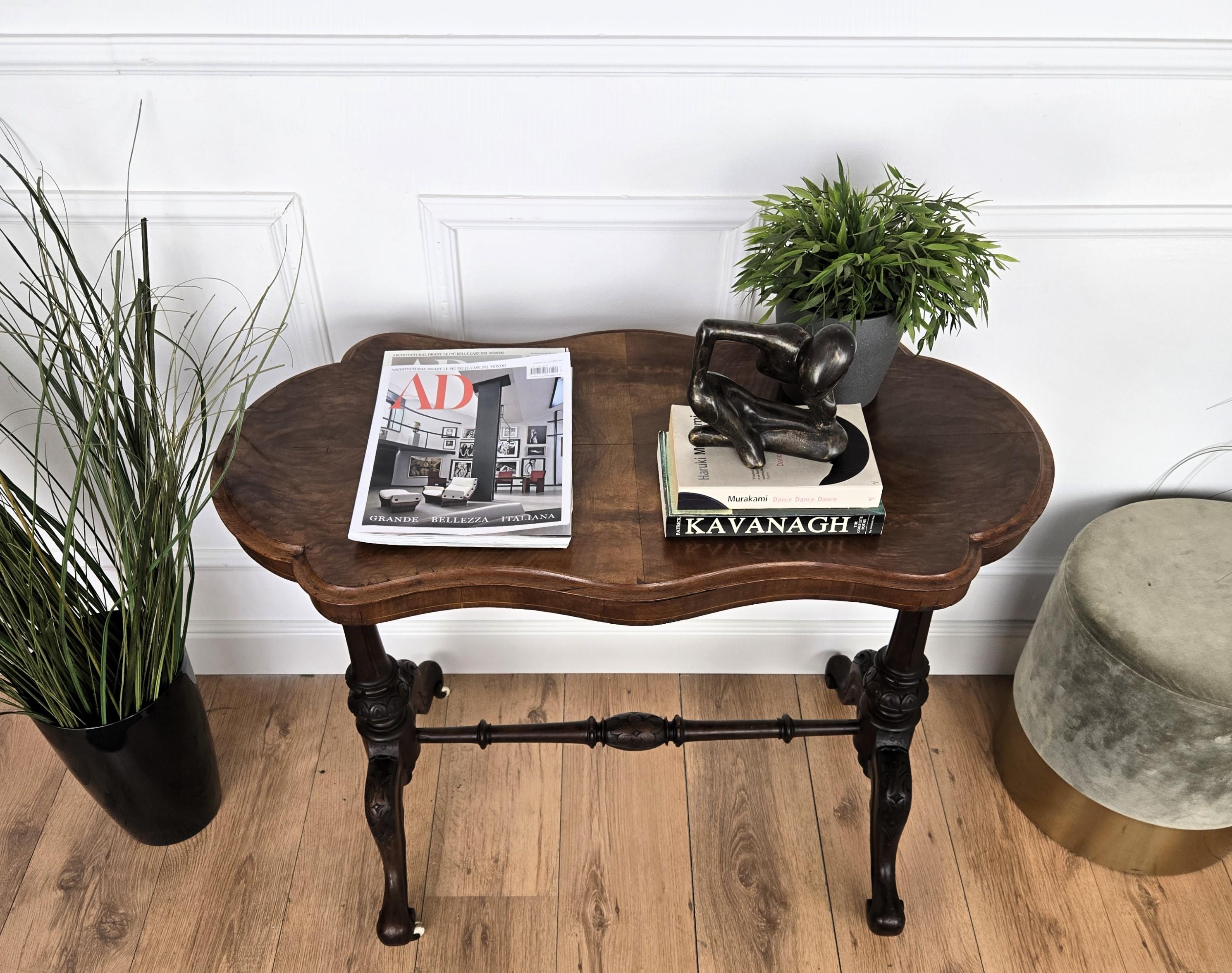 Brass Neoclassical Italian Burl Walnut Wood Coffee Side Table Cart For Sale