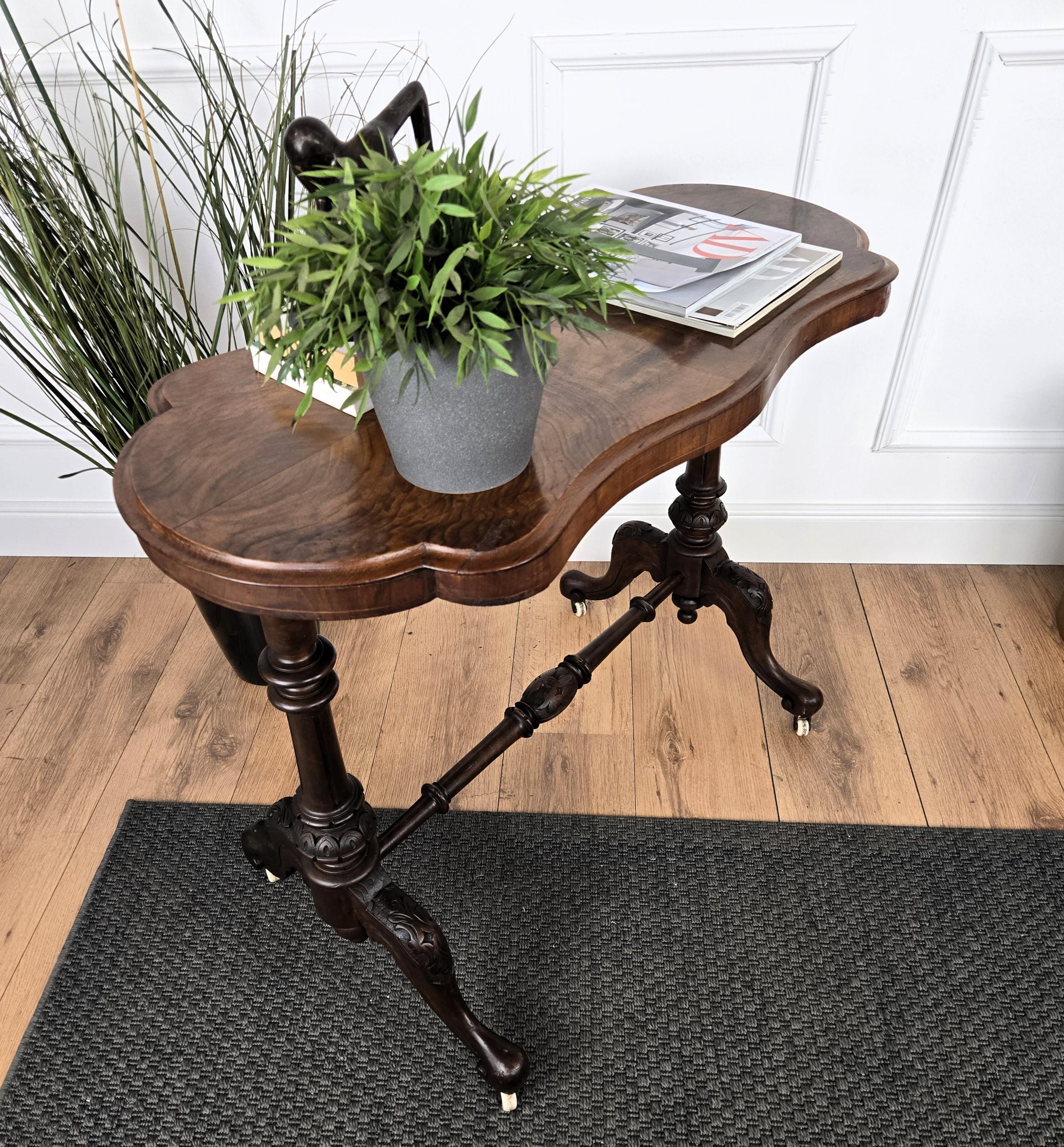 Neoclassical Italian Burl Walnut Wood Coffee Side Table Cart For Sale 1