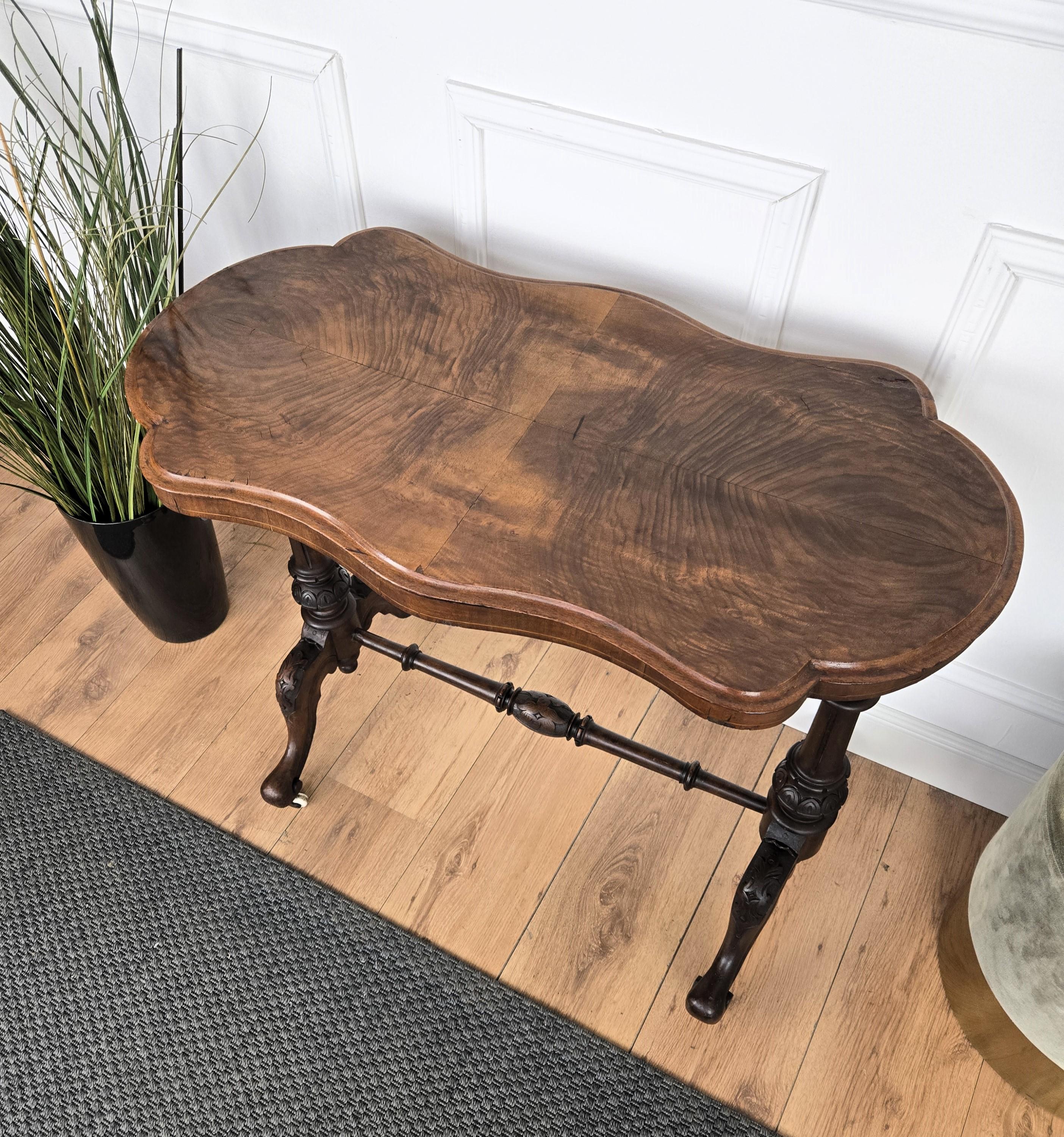 Neoclassical Italian Burl Walnut Wood Coffee Side Table Cart For Sale 3