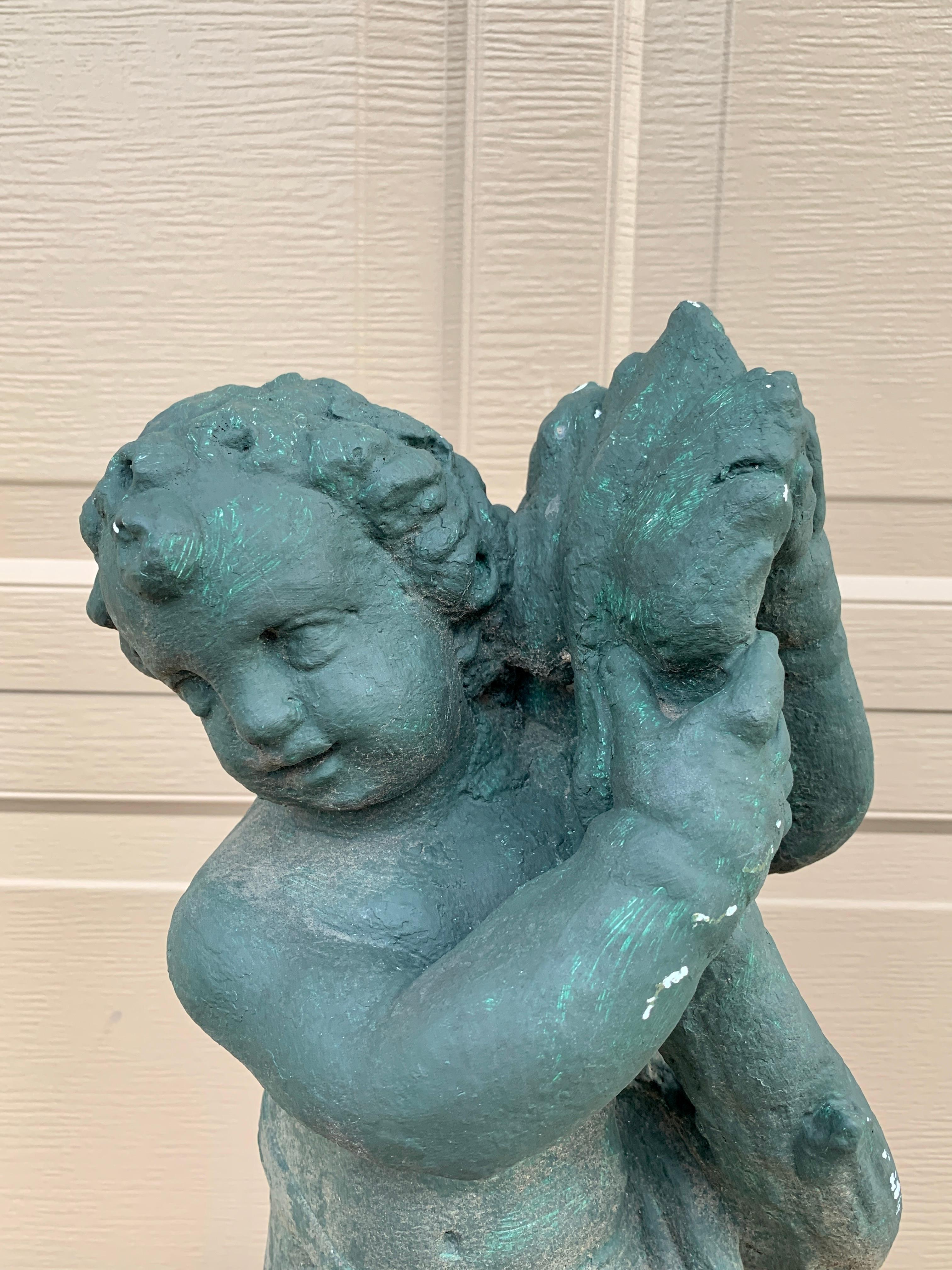Neoclassical Italian Cherub or Putto Cast Stone Garden Statue In Good Condition For Sale In Elkhart, IN