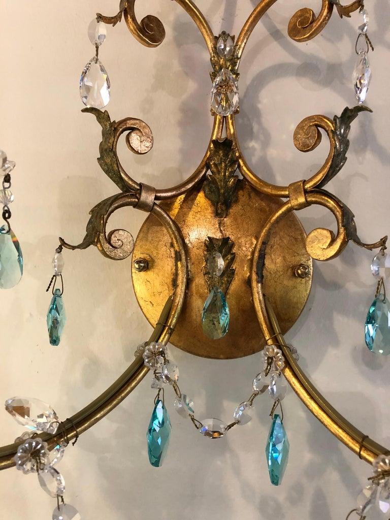 Neoclassical Italian Crystal Sconce, Handcrafted in Gilt Metal, a Pair In Good Condition In Plainview, NY