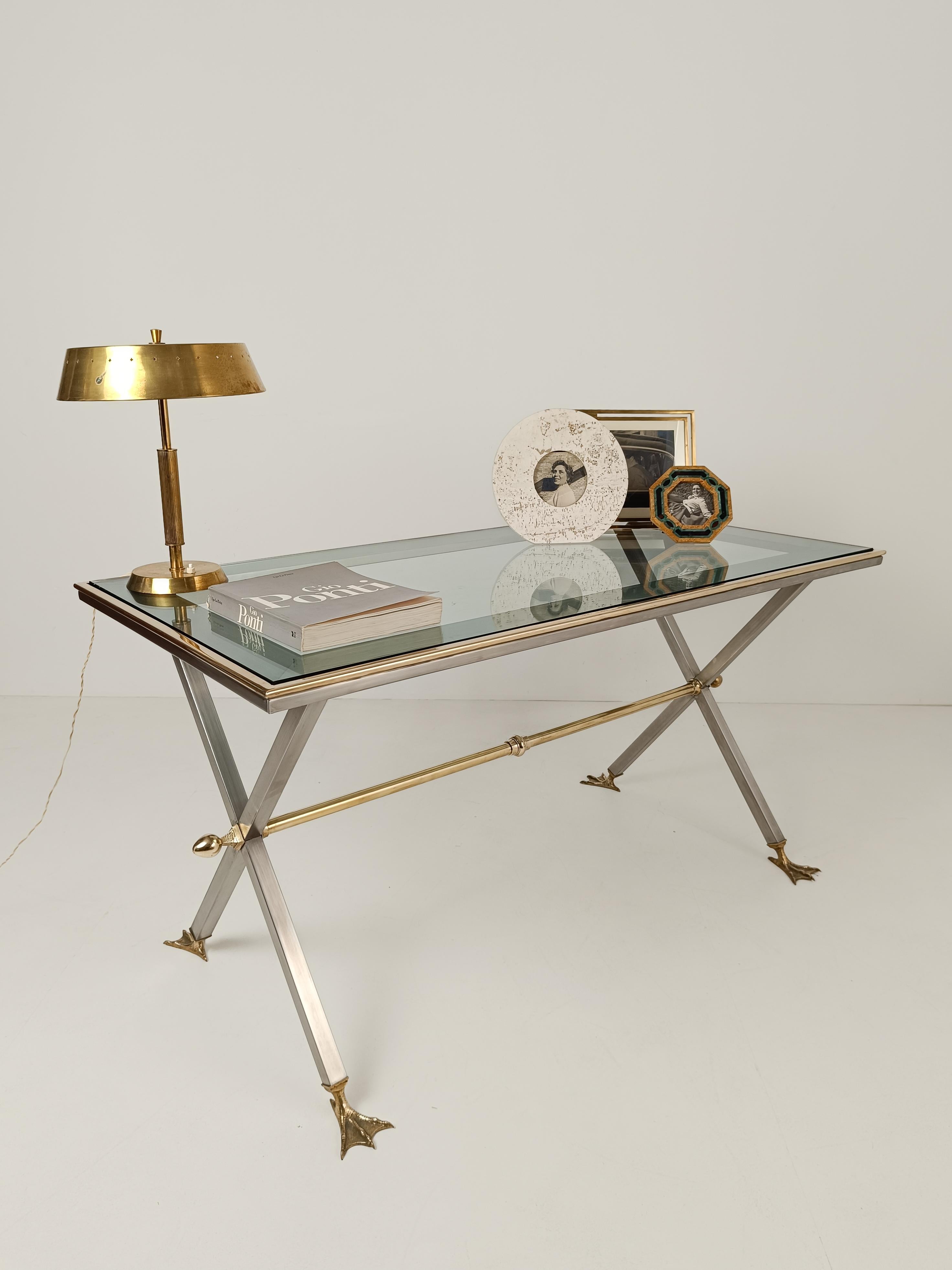 Hollywood Regency Neoclassical Italian Desk Console /Table in Metal and Brass By Banci Firenze 70s For Sale