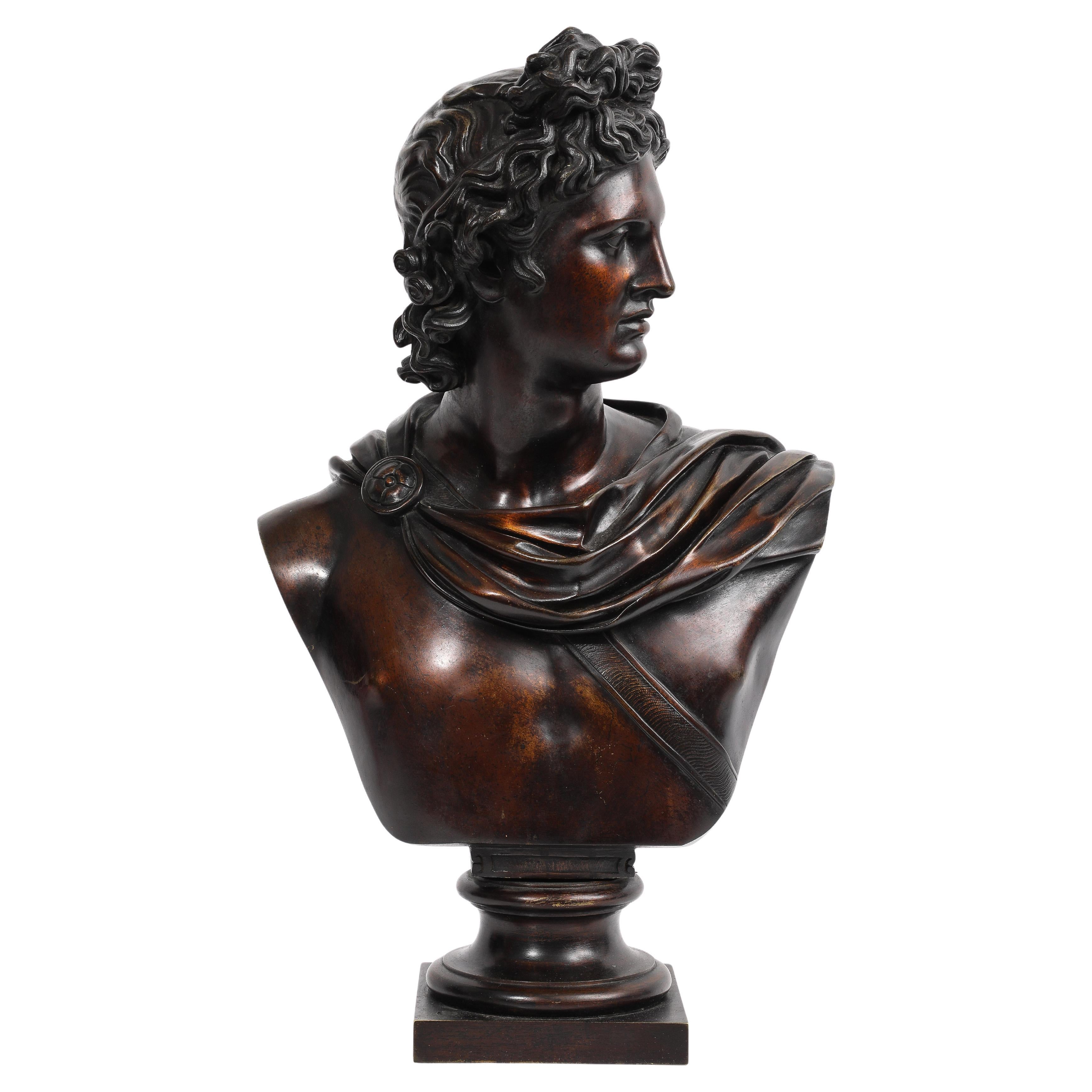 Neoclassical Italian Grand Tour Patinated Bronze Bust of Apollo Belvedere