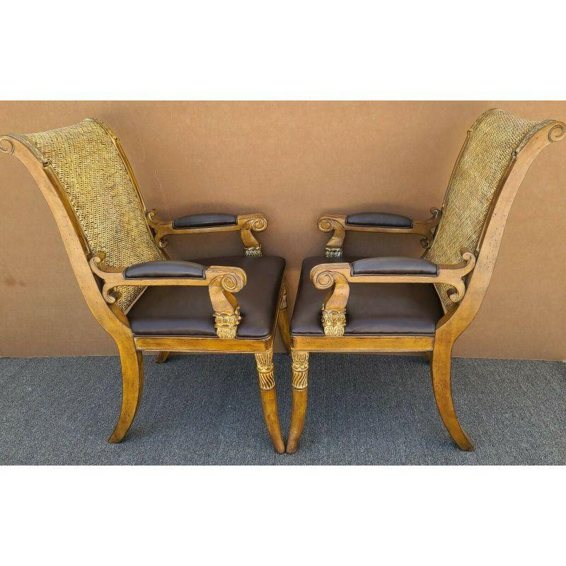 American Neoclassical Italian Leather Armchairs Wicker Accent Dining by HOOKER For Sale