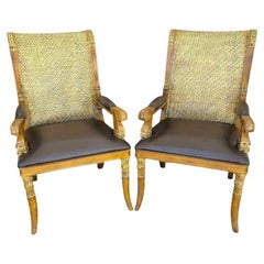 Vintage Neoclassical Italian Leather Armchairs Wicker Accent Dining by HOOKER